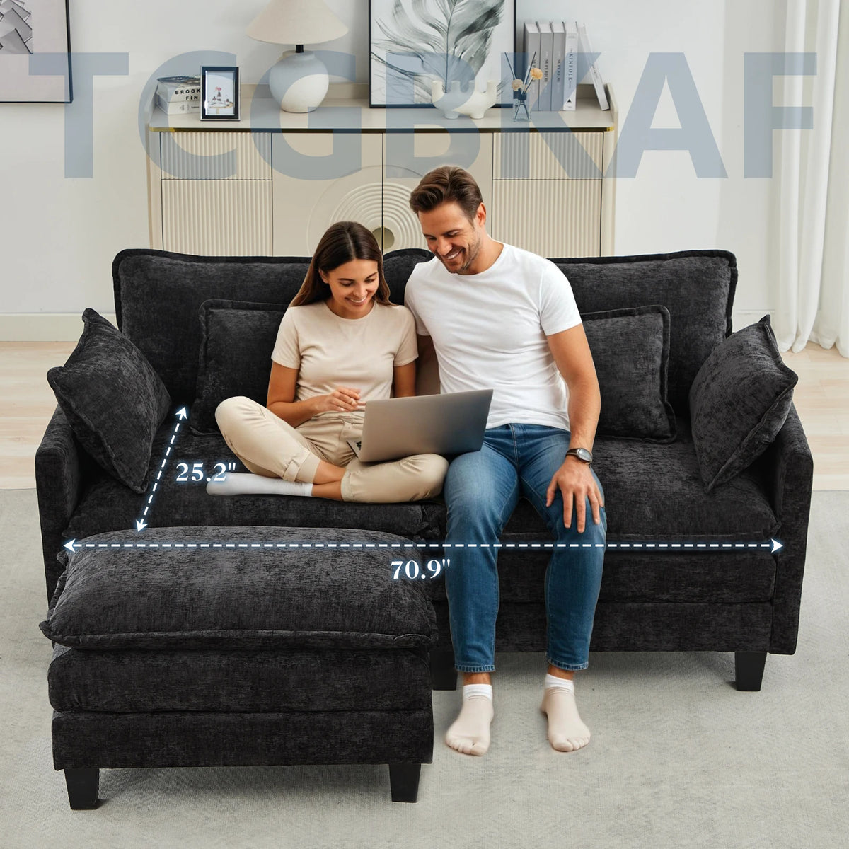 TCGBKAF 77.6 inch L Shape Cloud Couch, 2-Seater Chenille Modular Sectional Sofa with Ottoman, Deep Seat Upholstered Sofa with Pillows for Home Living Room Apartment