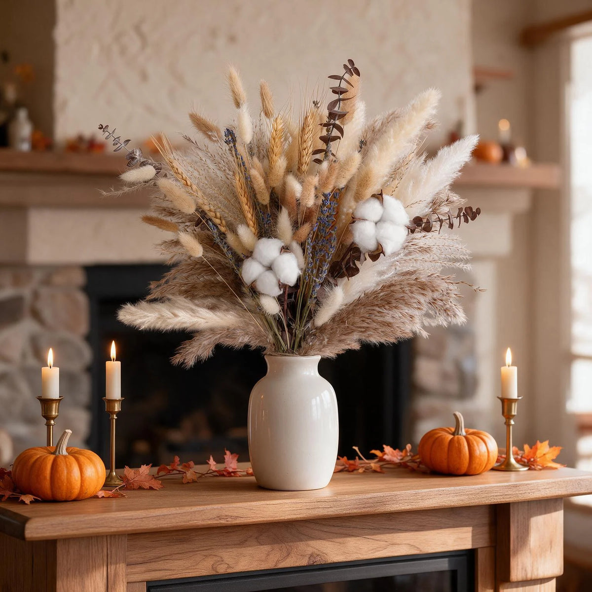 84PCS Pampas Grass Bouquet 17.5in Mixed Dried Flowers Cotton Wheat Stalks Dried Lavender Bunny Tails Eucalyptus Farmhouse Rustic Boho Home Wedding Thanksgiving Fall Decor Table Centerpiece Vase Filler Vase Not Included