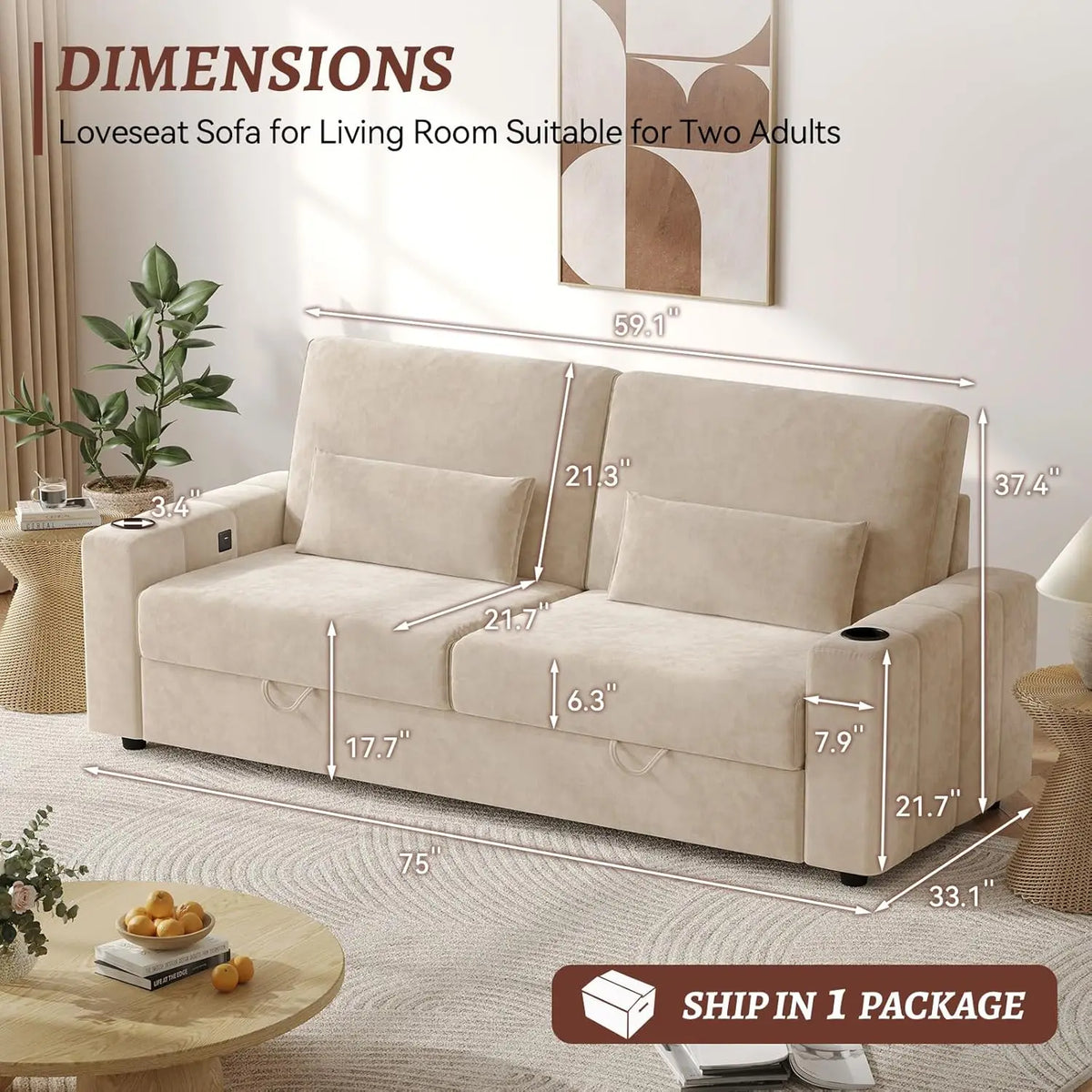75/88 Inch Loveseat Sofa, Velvet Fabric Couch with Storage, Cup Holder, Charging Ports, Heightened Backrests, Removable Cover