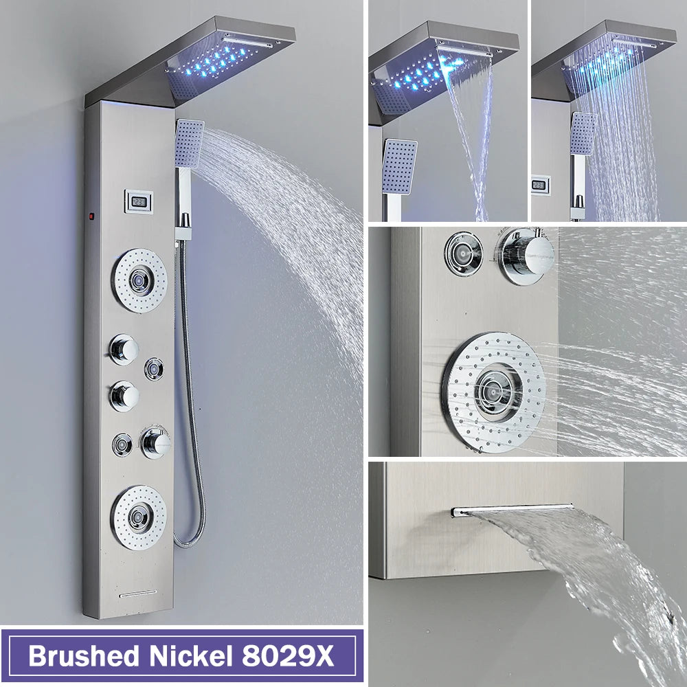 Black Shower Column LED Rainfall Bathroom Faucet with Massage Jet Bath Panel System  5 Modes Waterfall Hot Cold Mixer Tap