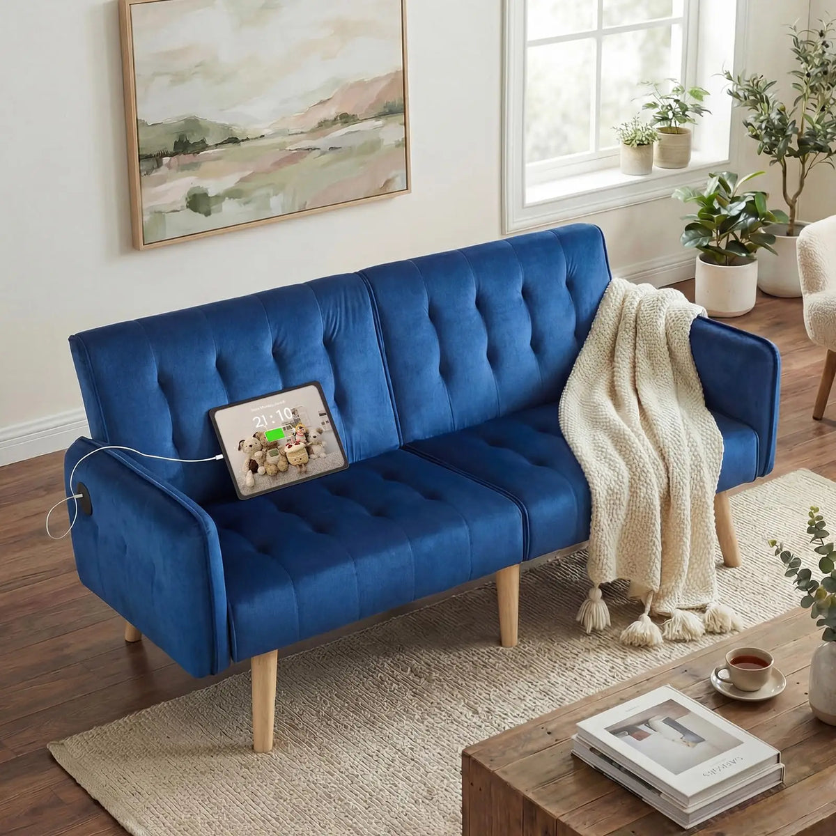 65" Brown Faux Leather Futon Sofa Bed Convertible Sleeper Loveseat 2 USB Ports Tufted Adjustable Folding Couch Space