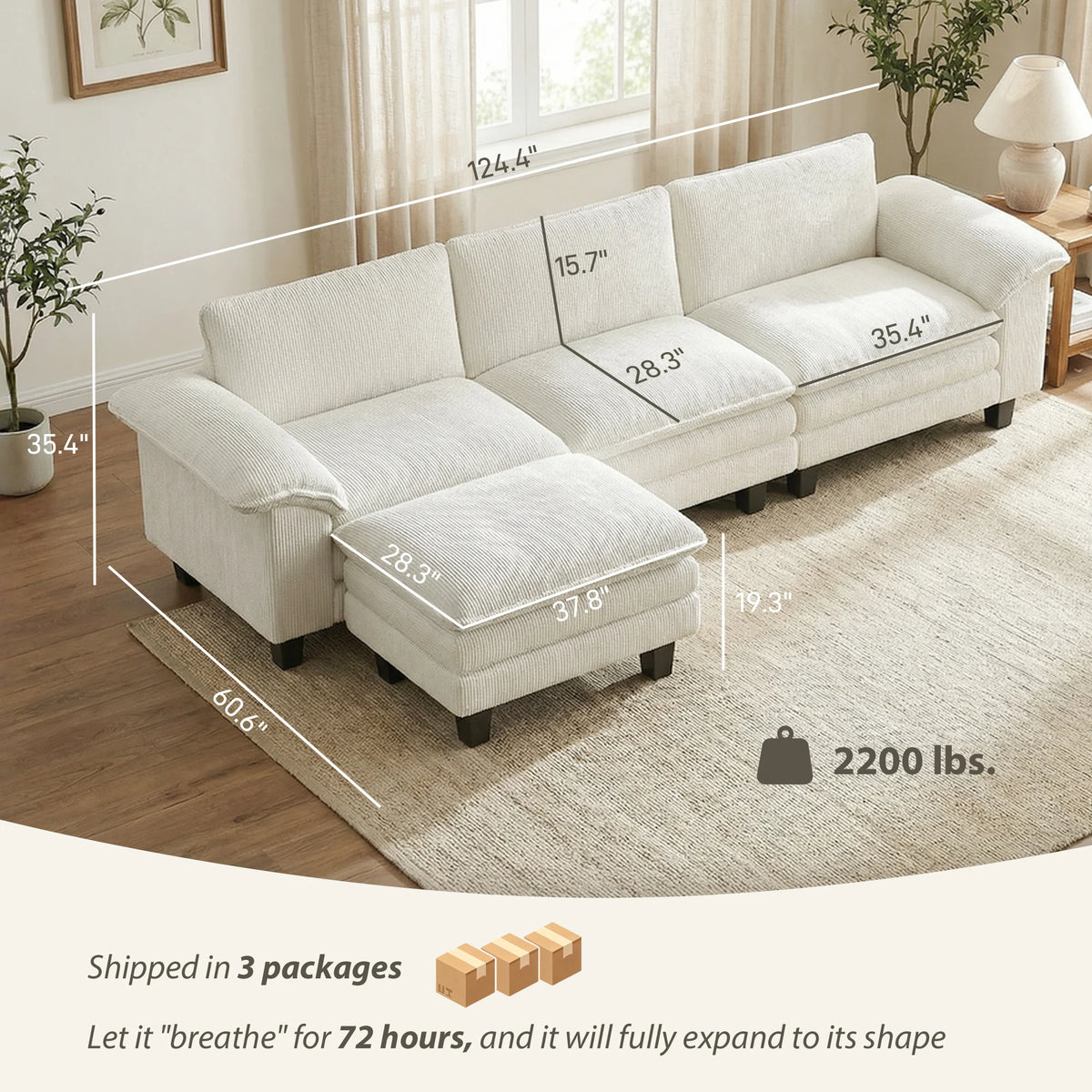 Modular Sectional Sofa Couch, 124" Oversized Cloud Couch, Beige