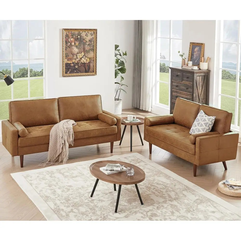 58" Loveseat Sofa Couch, Faux Leather Couch with Hand-Sewn Deep Love Seat & 2 Pillows, Home Sofa Living Room Small Couch