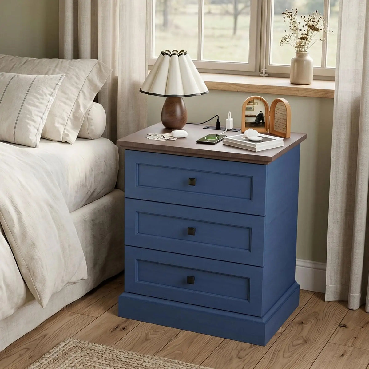 White Nightstand Farmhouse Night Stand with Charging Station,20'' Narrow Nightstand Side Table Wood End Table with 3 Drawers for Bedroom,Bedside Table with Power Outlet, USB, Type-C Ports