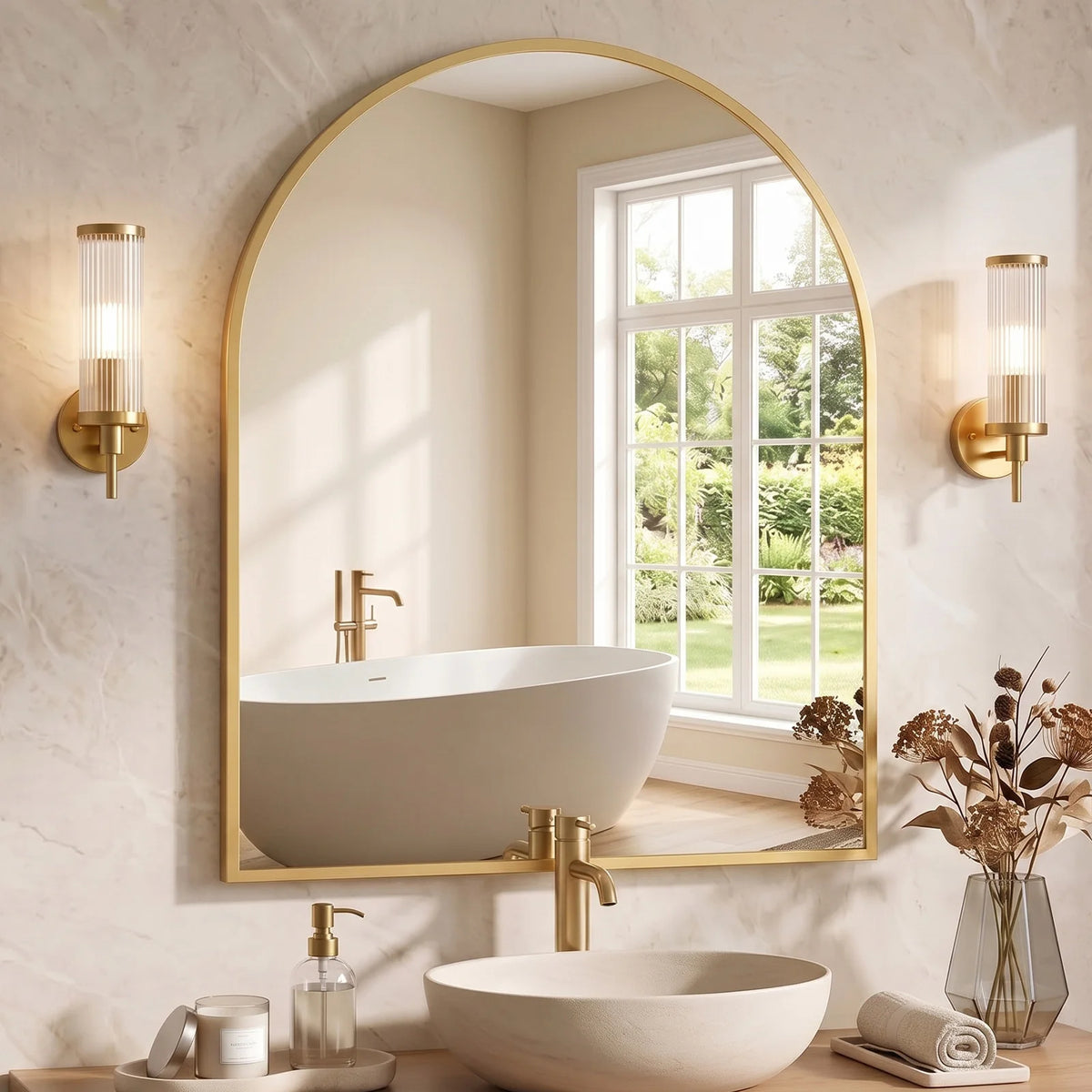 Arched Bathroom Mirror or Over Sink Wall Mounted Aluminum Alloy Frame Mirror Horizontal or Vertical Hanging Modern Wall Mount Vanity Mirror for Home