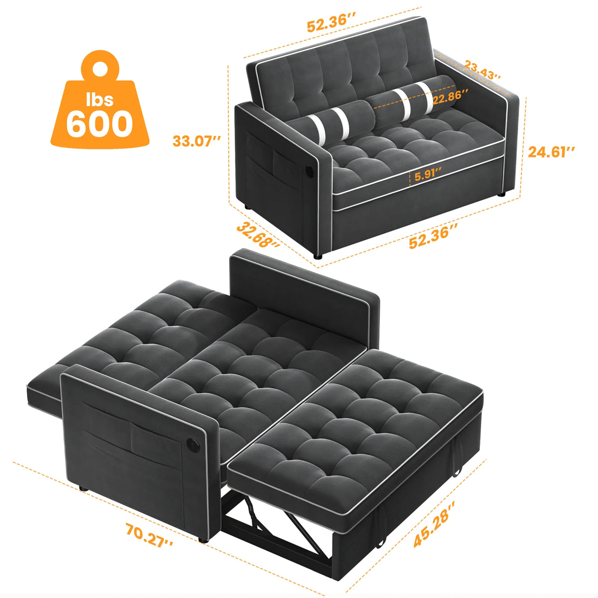 3 in 1 Sleeper Sofa Bed, Pull Out Couch with USB & Type-C Ports, Deep Seat Convertible Loveseat Sofa, Adjustable Backrest, Dual Side Pockets, Velvet Futon Couch for Living Room, Apartment
