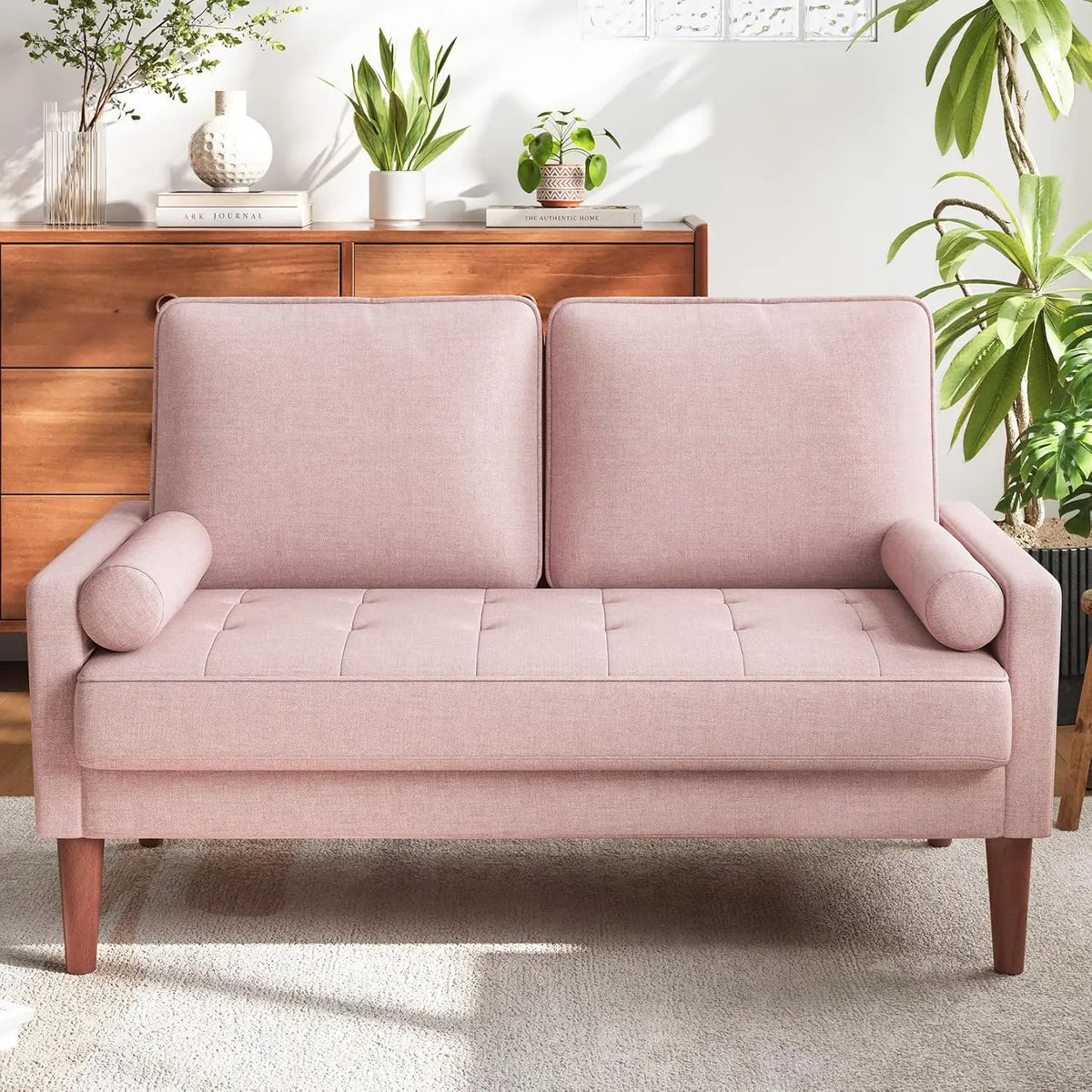 48 Inch Loveseat Sofa - Solid Wood Legs Mid Century Modern Easy Assembly Couch Throw Pillow for Apartment