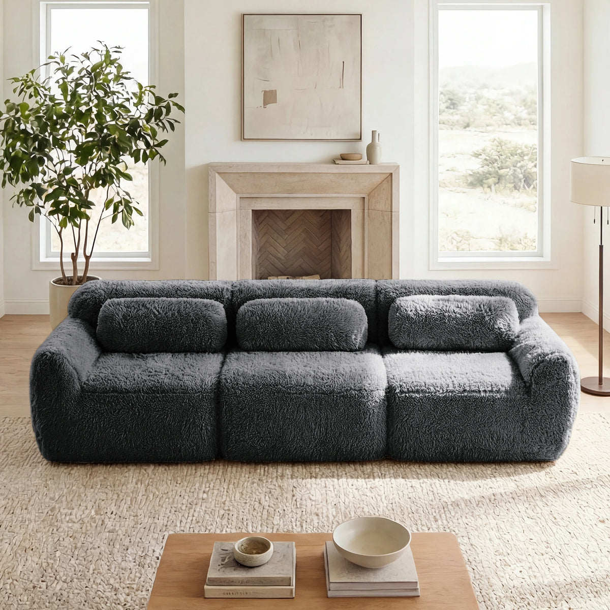 114'' Modular Sectional Sofa Couches With Throw Pillows,Full-compression Vacuum Packaging Buckle Connection For Home
