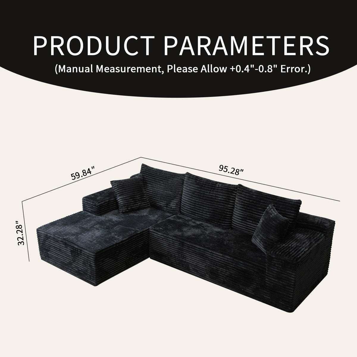 Dark Gray Corduroy L Shaped Compression Sectional Sofa with Chaise Ottoman Vacuum Packed No Assembly Fluffy Striped Fabric Couch for Living Room Apartment