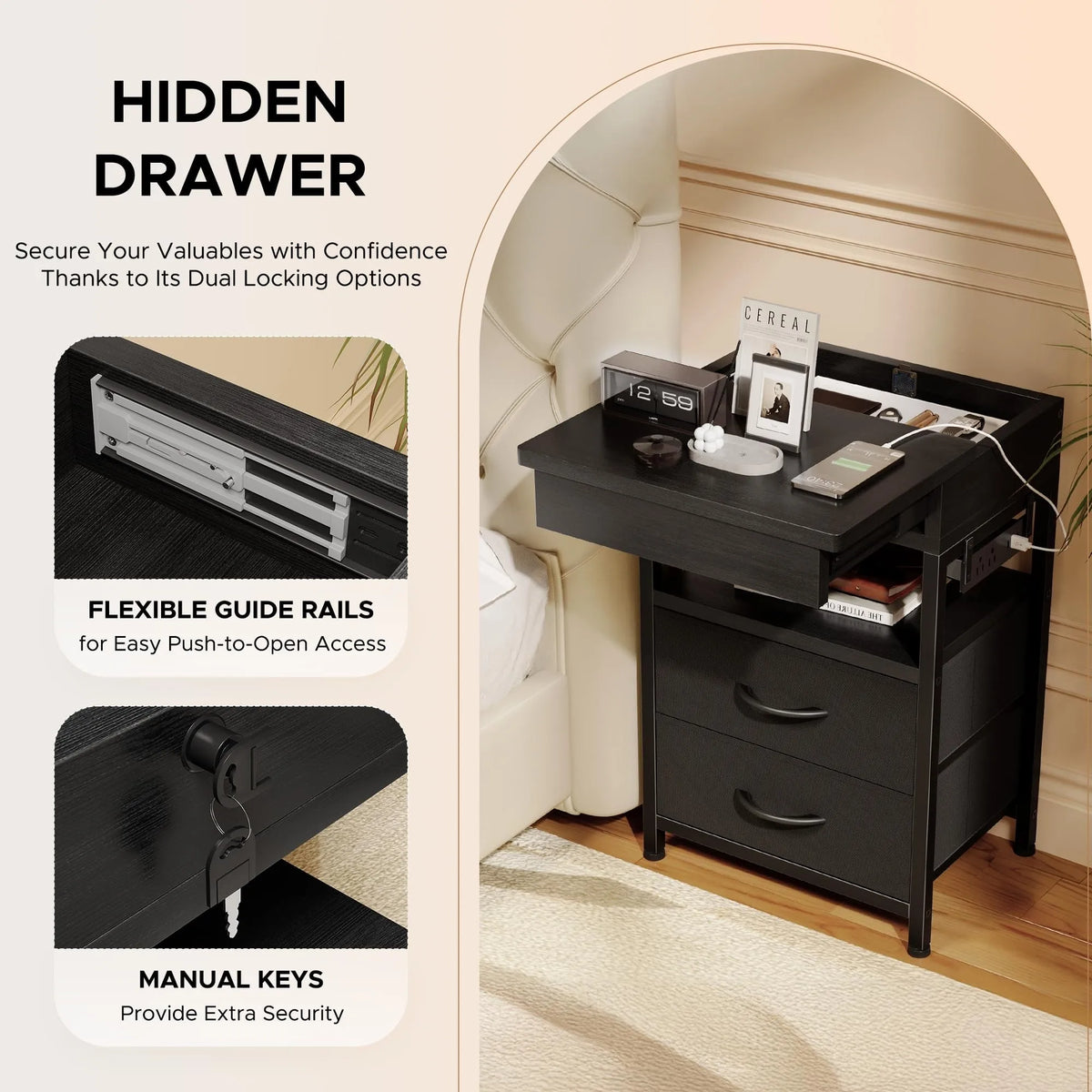 Nightstand, Lockable Hidden Compartment, Sliding Top Charging Station, 2 Fabric Drawers with USB & AC Outlets