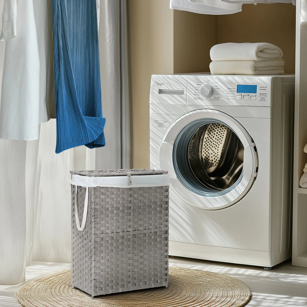 90L Laundry Basket with Lid Foldable Wicker Laundry Hampers with Side Handles Removable Liner Rattan Laundry Basket with Sturdy Steel Frame