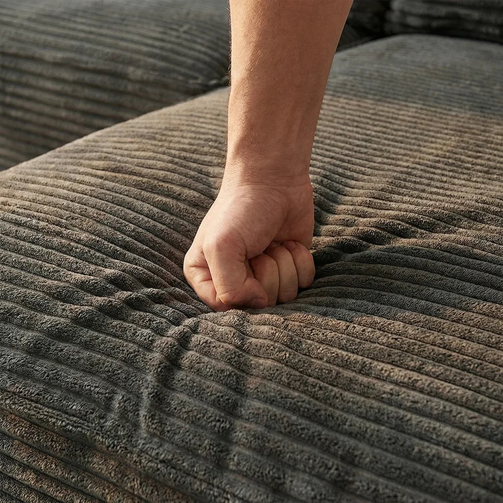 Dark Gray Corduroy L Shaped Compression Sectional Sofa with Chaise Ottoman Vacuum Packed No Assembly Fluffy Striped Fabric Couch for Living Room Apartment
