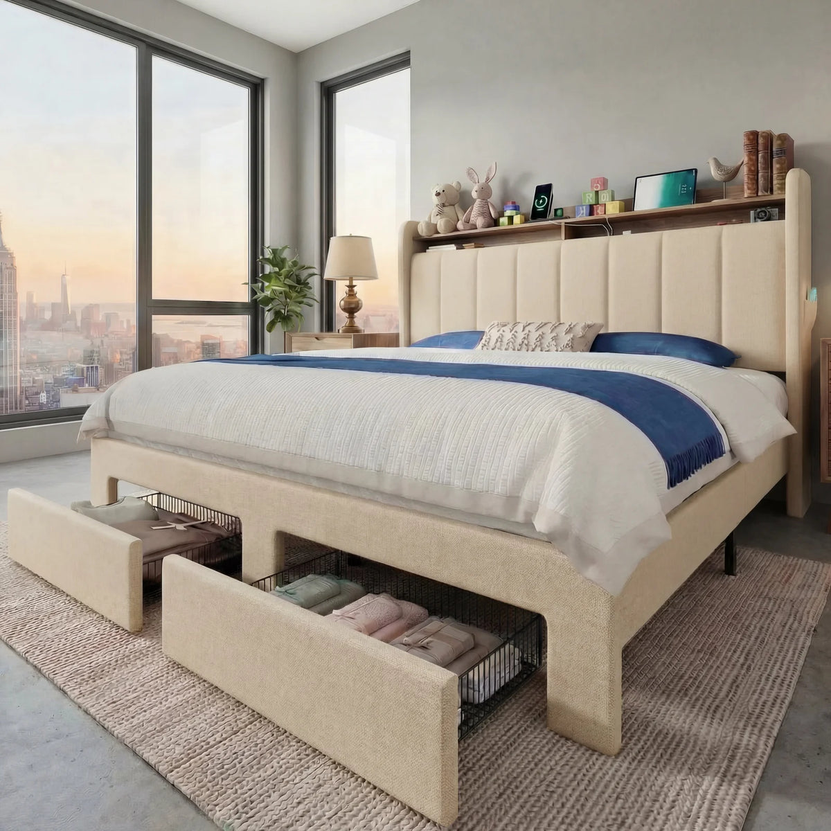 HOOMIC Bed Frame, 2 Storage Drawers/2-Tier Shelves with LED Lights & Charging Station, No Box Spring Needed, Full/Queen/King