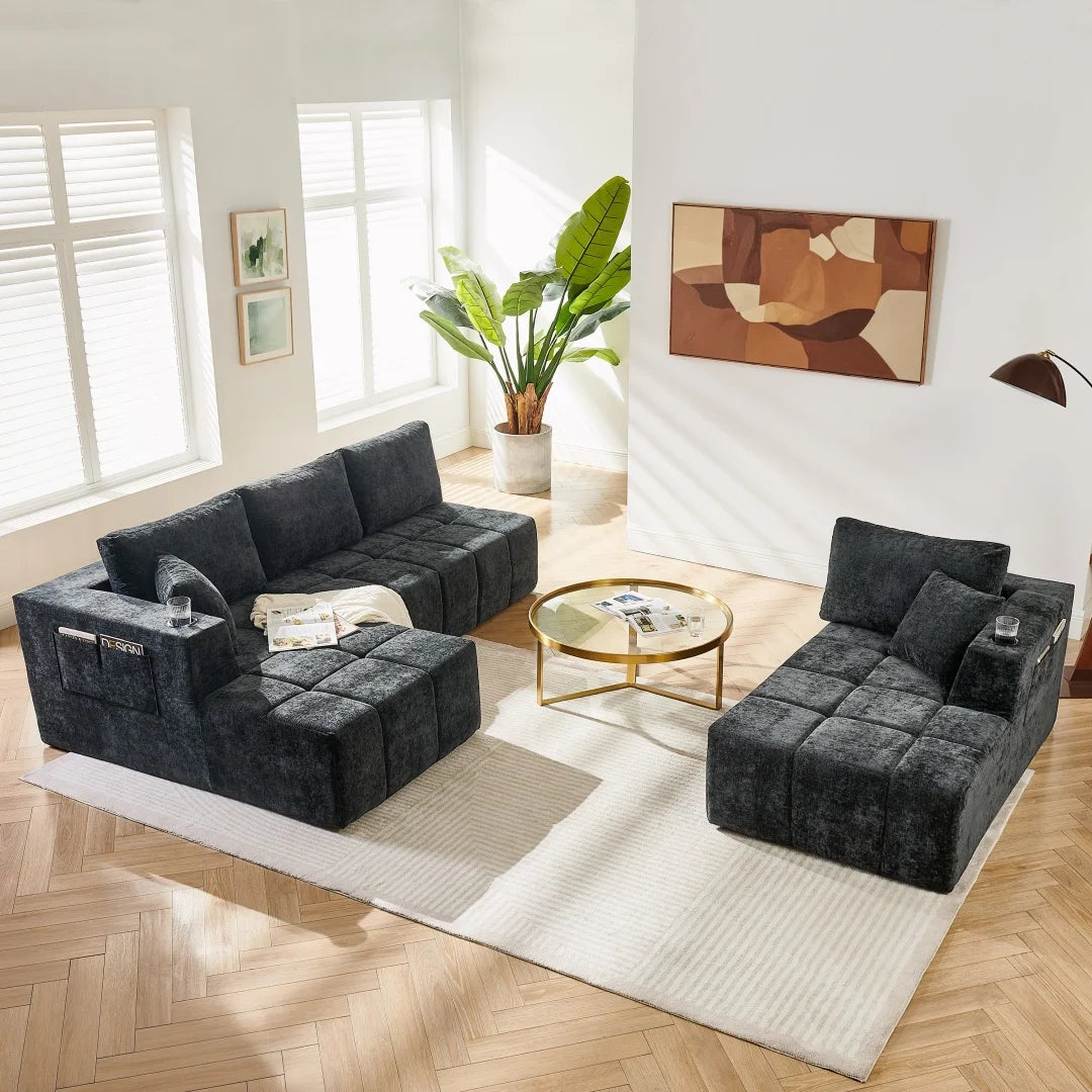 132" U-Shaped Chenille Sectional Sofa, Cloud Couch Sleeper Bed with Dual Lounges, Modern Living Room Furniture with Cup Holders, No Assembly, Black