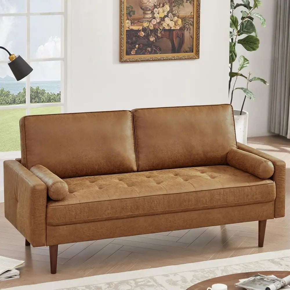 58" Loveseat Sofa Couch, Faux Leather Couch with Hand-Sewn Deep Love Seat & 2 Pillows, Home Sofa Living Room Small Couch
