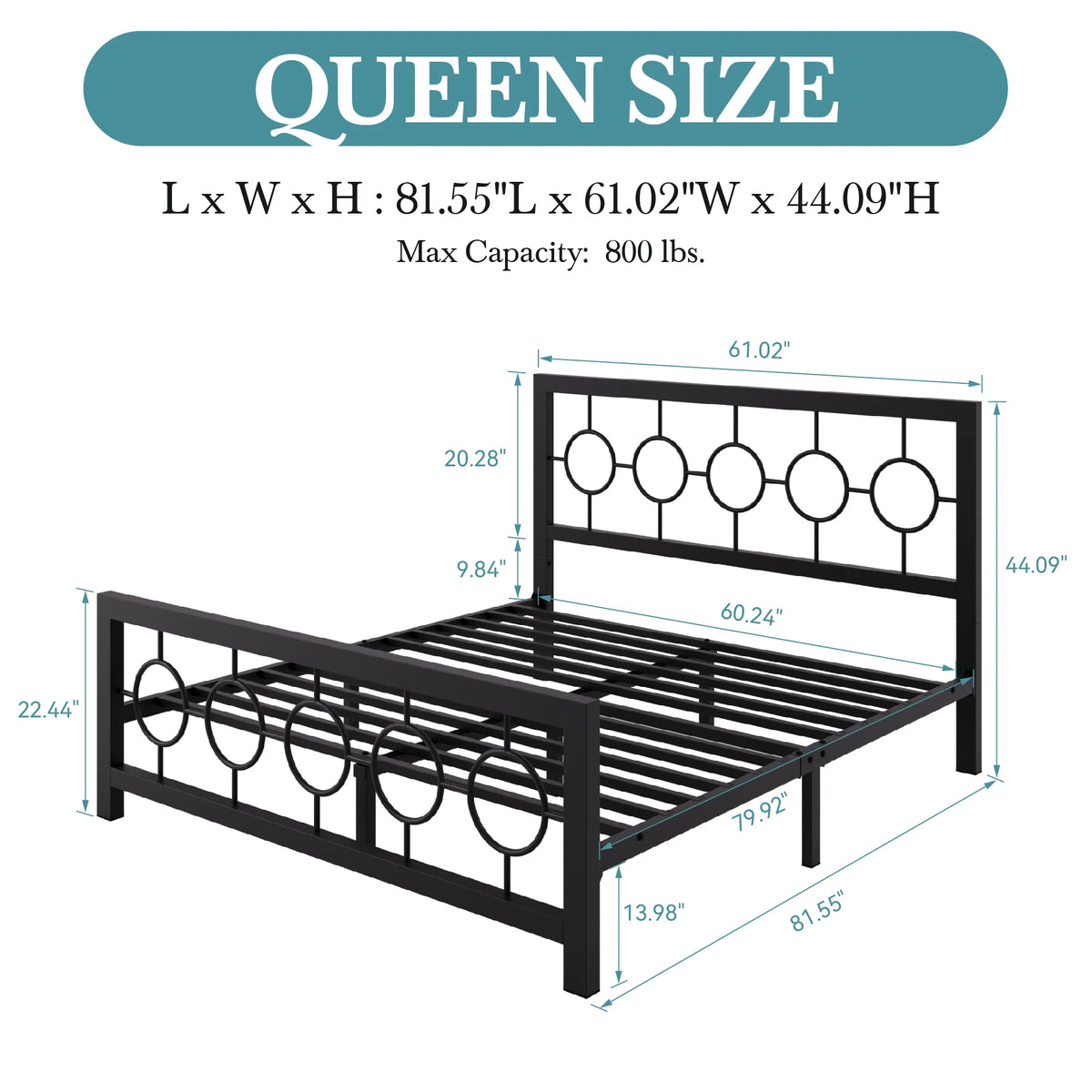 Metal Platform Bed Frame with Vintage Circular Design Headboard and Footboard, Extra Under-Bed Storage