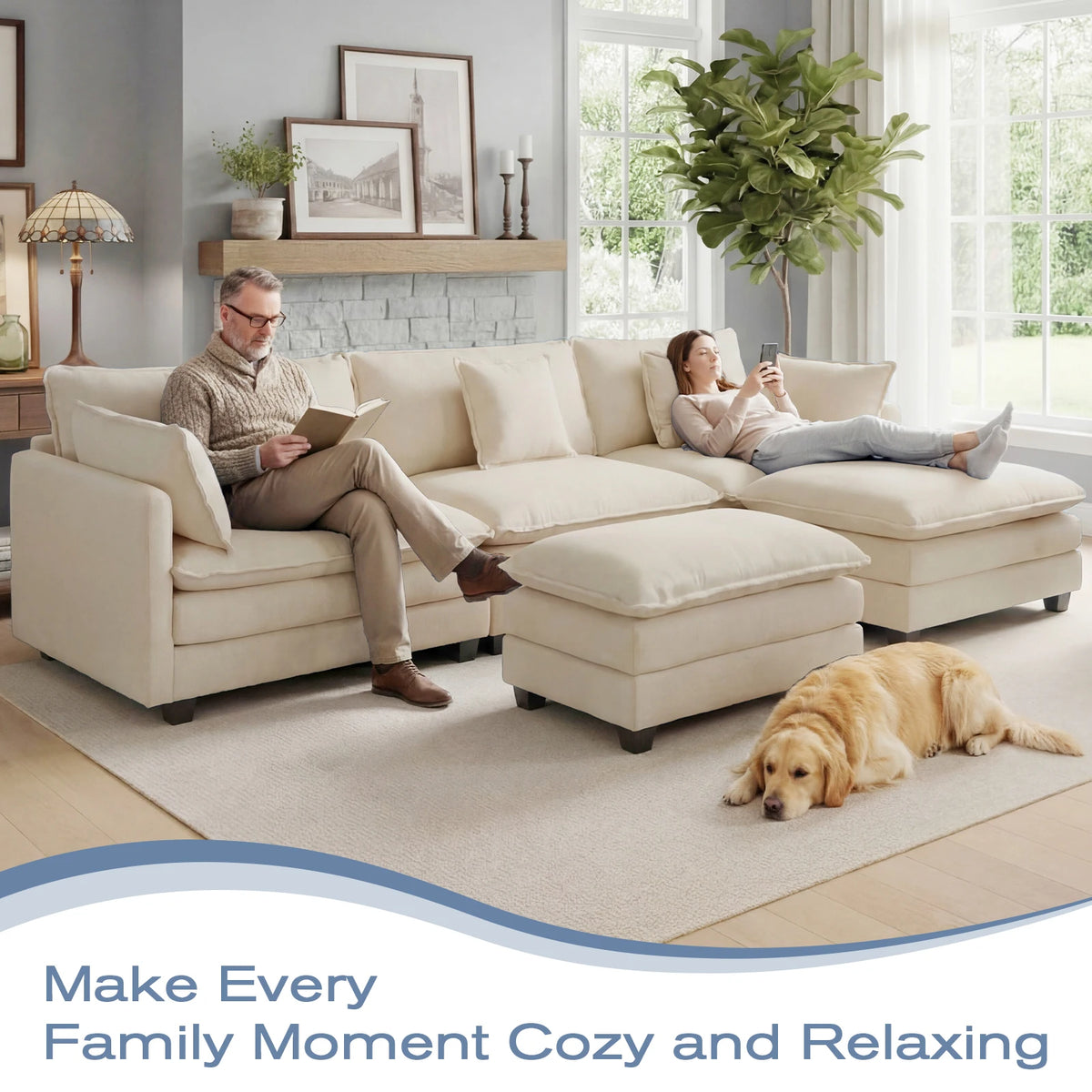 113.4" Modular Sectional Sofa with Ottoman, Comfy Cloud Couch with Deep Seat (23.6" D), Solid Wood Frame, for Living Room