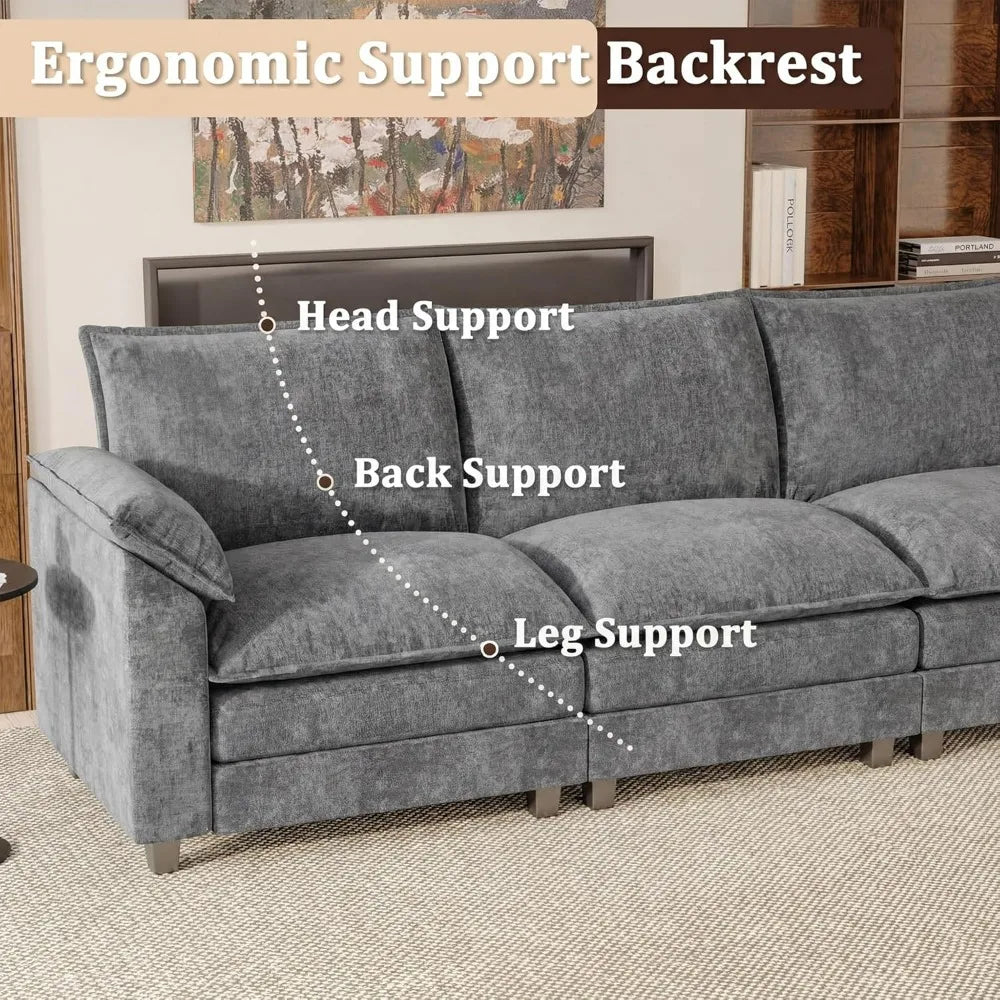118.9" Modular Sectional Cloud Couch 3-Seat Sofa Set with Movable Ottoman, L Shaped Sofa Couch  (Light Grey-4, L Shaped Sofa)