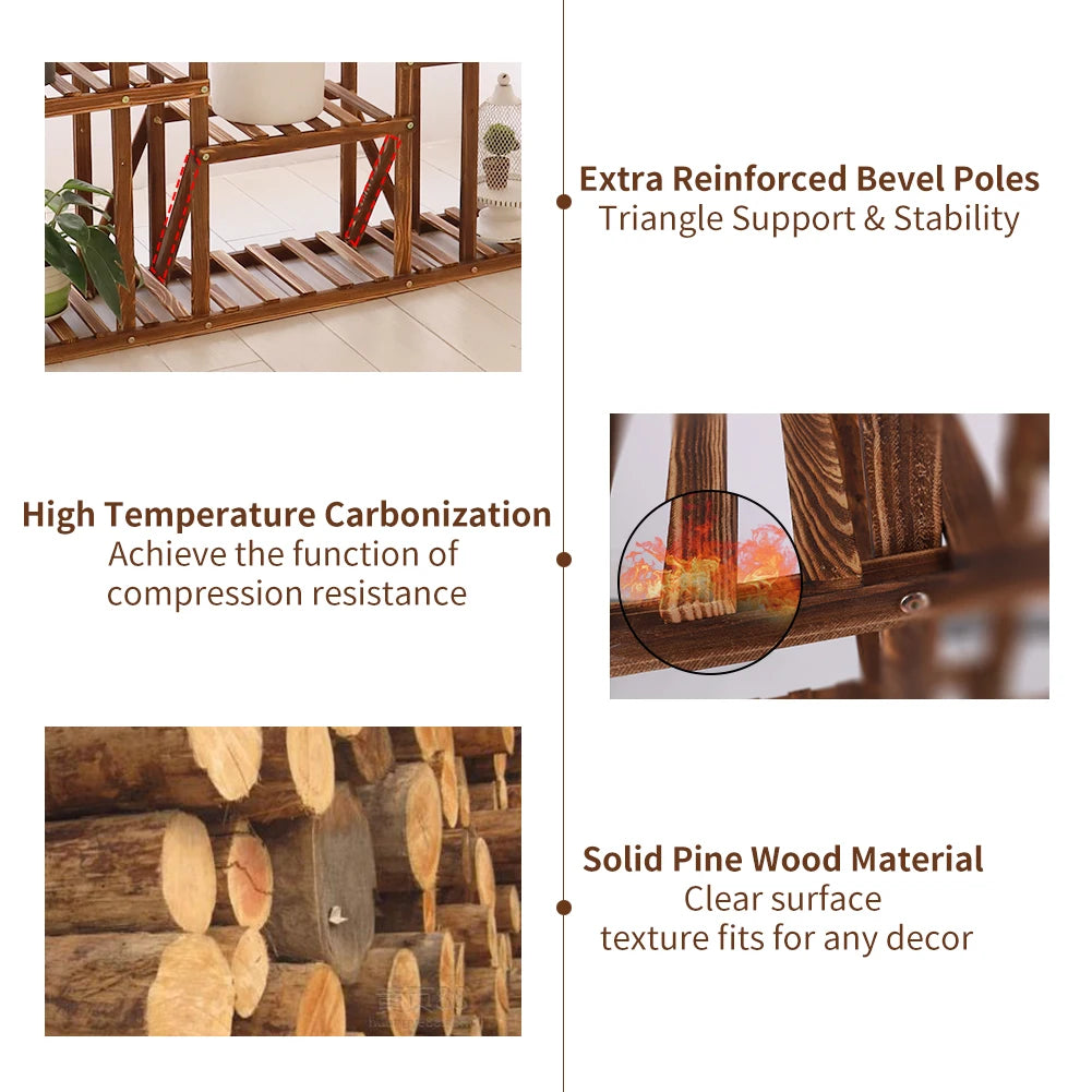 11 Tier Wood Plant Stand Carbonized High Widen Pot Display Shelf Holder Flower Shop Office Garden Indoor Outdoor Decor