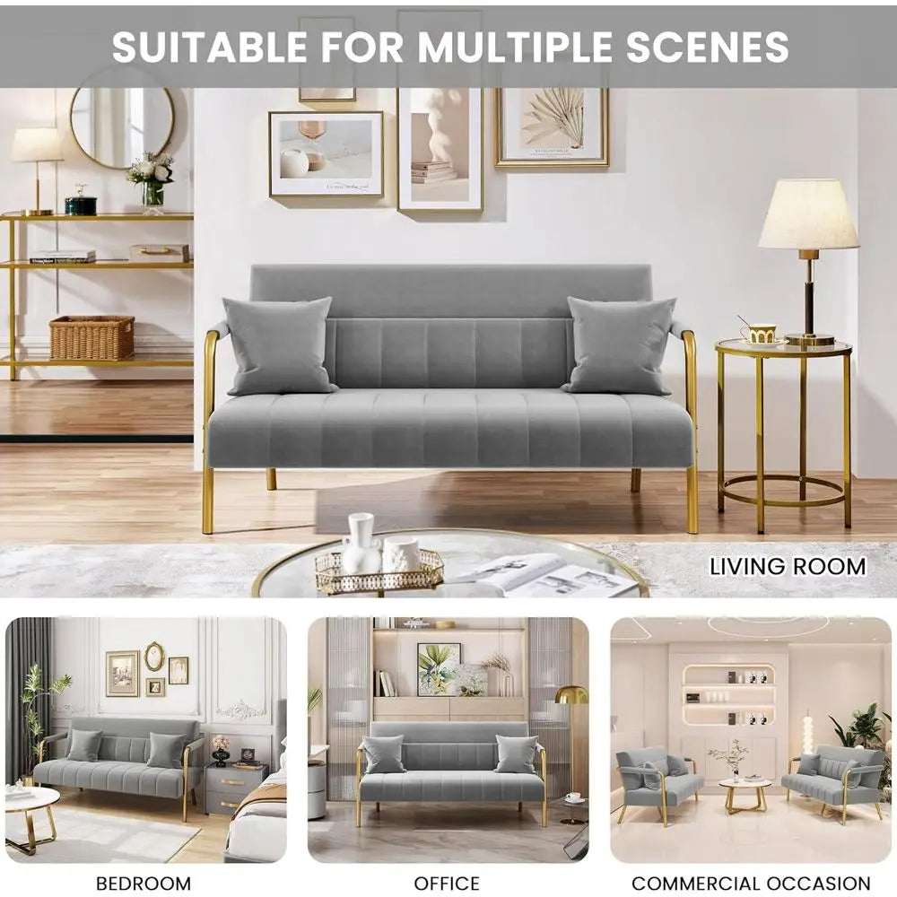 56.5" Luxurious Velvet fabric Couch with Gold-Tone Metal Arms and Legs or Living Room, Home Office