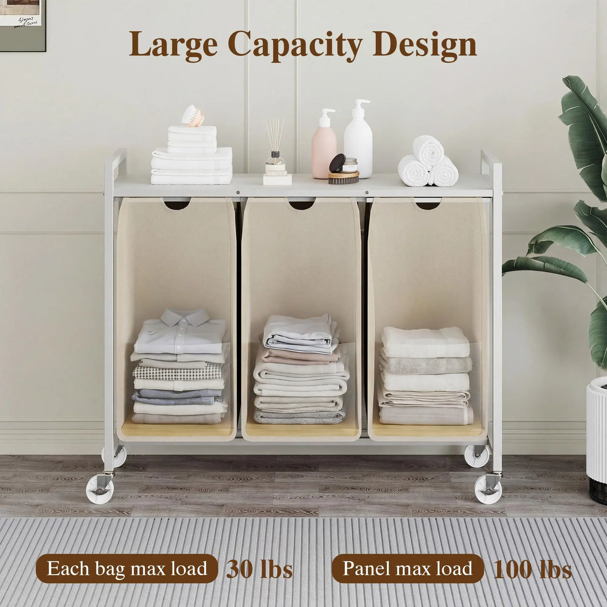3 Compartment Laundry Sorter Cart with Tabletop, Rolling Laundry Hamper with Wheels, Metal Frame Clothes Sorting Basket for Bathroom Laundry Room