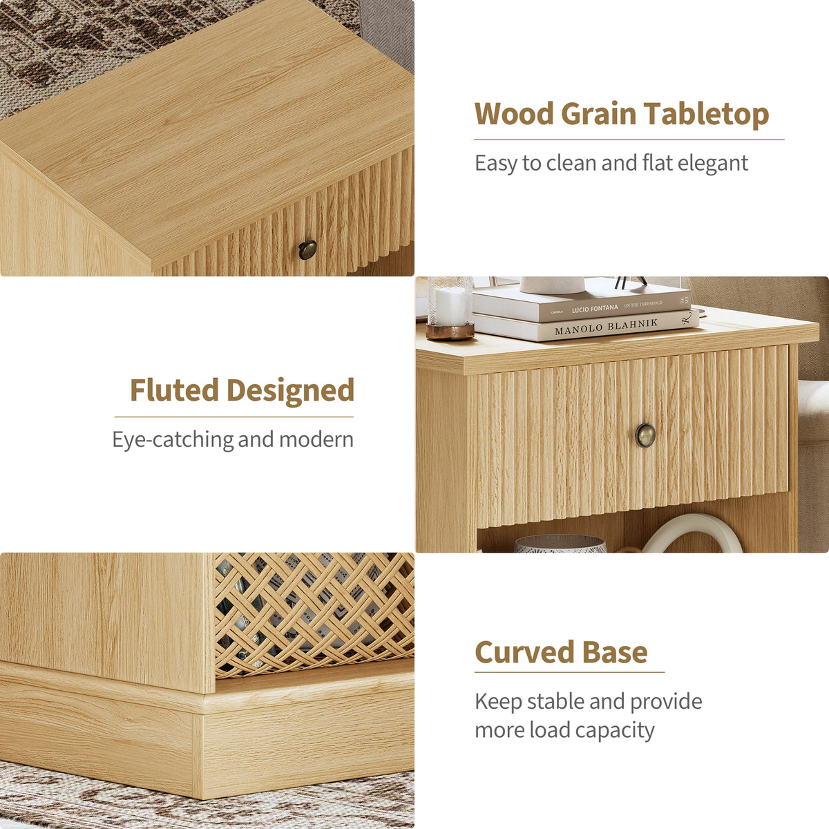 Mid-Century Modern Fluted Bedside Table | Single Drawer & Open Shelf – Natural Oak Finish MDF Bedside Table for Bedroom or Living Room