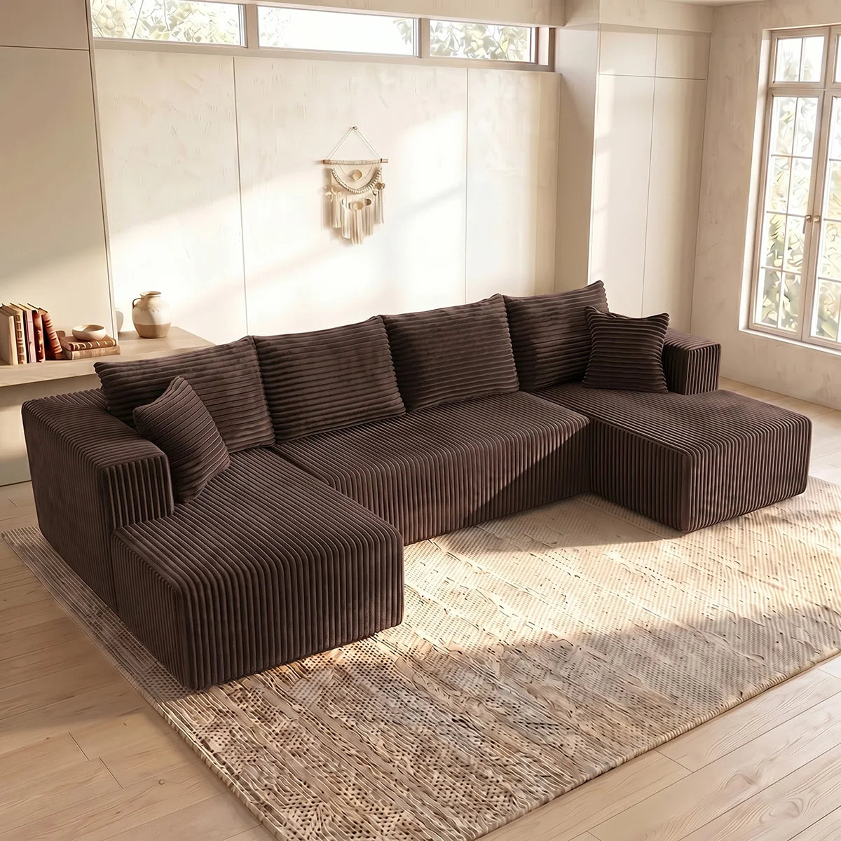 Black Striped Corduroy L Shape Sectional Sofa Double Reversible Chaise Modular Oversized Cloud Couch No Assembly Compressed Packaging Cozy Living Room Home Furniture