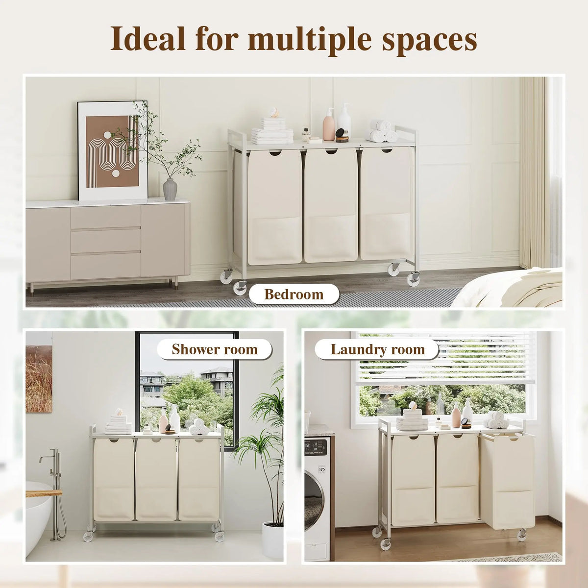 3 Compartment Laundry Sorter Cart with Tabletop, Rolling Laundry Hamper with Wheels, Metal Frame Clothes Sorting Basket for Bathroom Laundry Room
