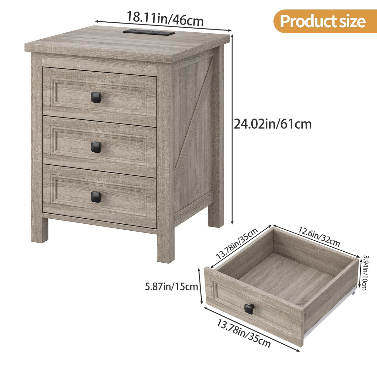 Farmhouse Nightstand w Charging Station AC Outlets USB Port 3 Drawers Side End Table for Bedroom Living Room Grey Wood Grain