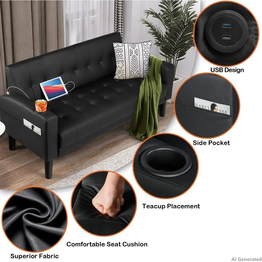 62" Loveseat Couches Upholstered Leather Love Seat Sofas Couch with 2 USB, Cup Holders