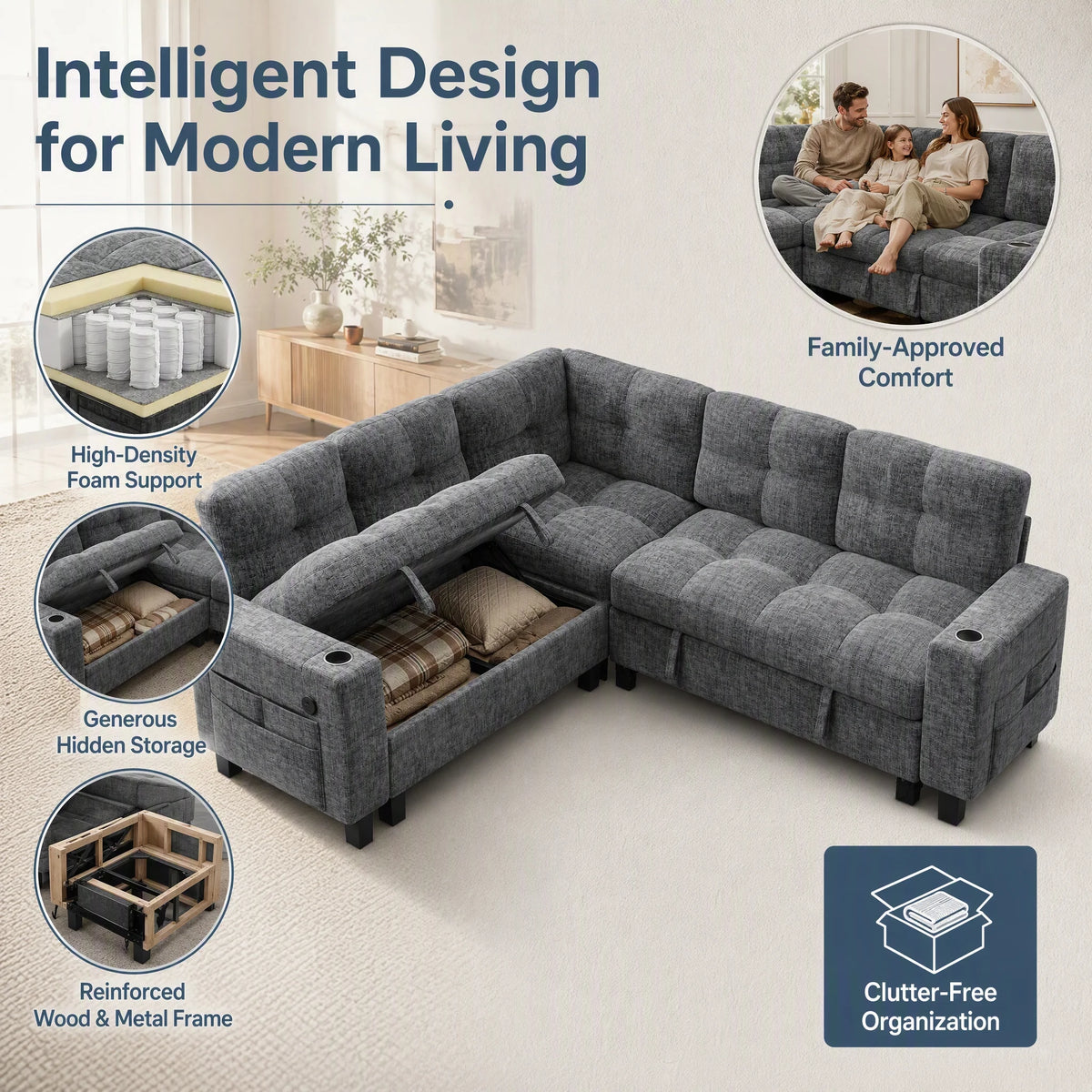 85-110 Inch U-Shaped Modular Sectional Sleeper Sofa, 7-Seat Dark Gray Chenille Cloud Couch, Pull-Out Bed with Hidden Storage, USB Ports & Cup Holders, Multi-Functional Sofa Bed for Living Room Apartment
