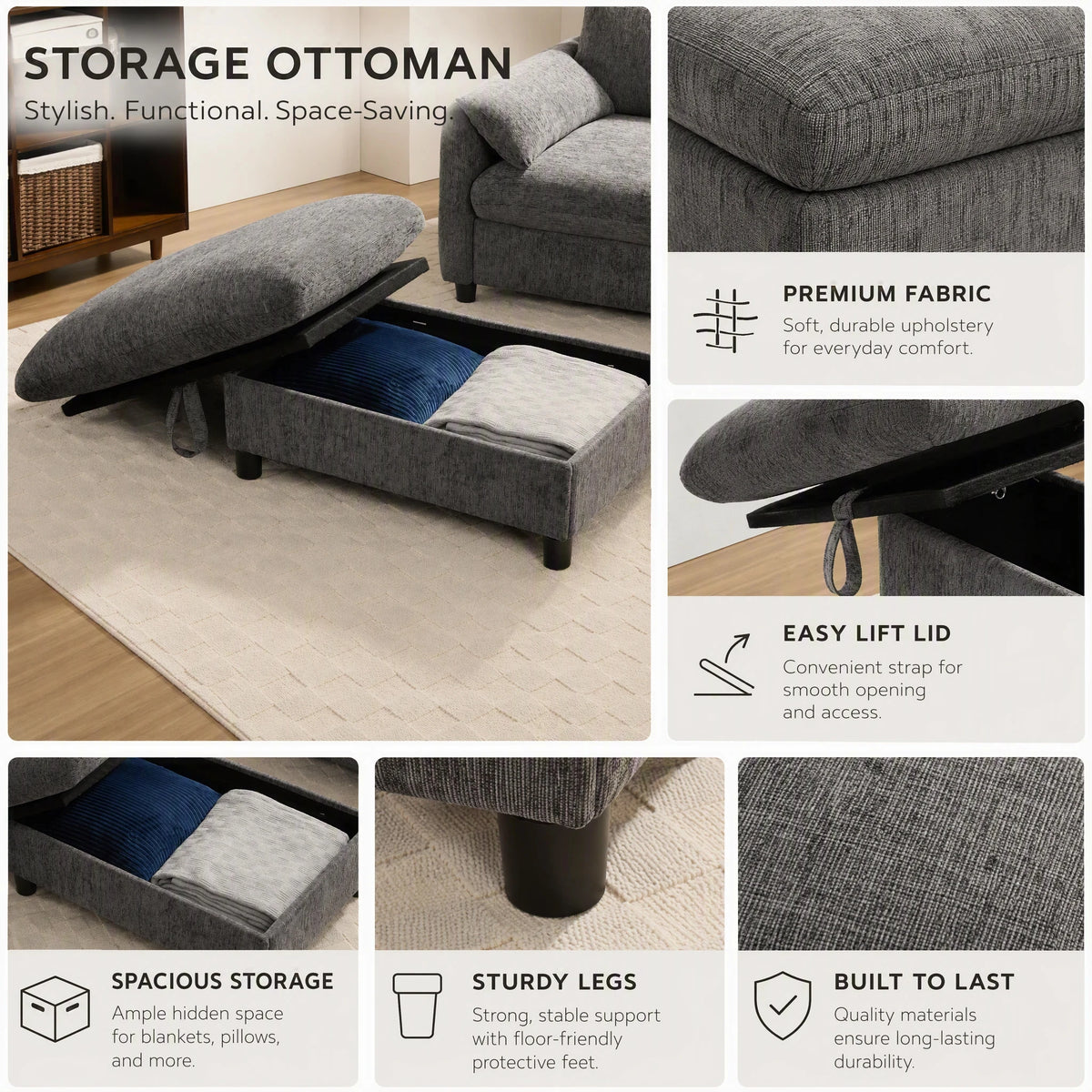 Modern Single Sofa Armchair With Storage Footstool and Adjustable Phone Holder Suitable for Living Room Bedroom Apartment Small Space and Home Office