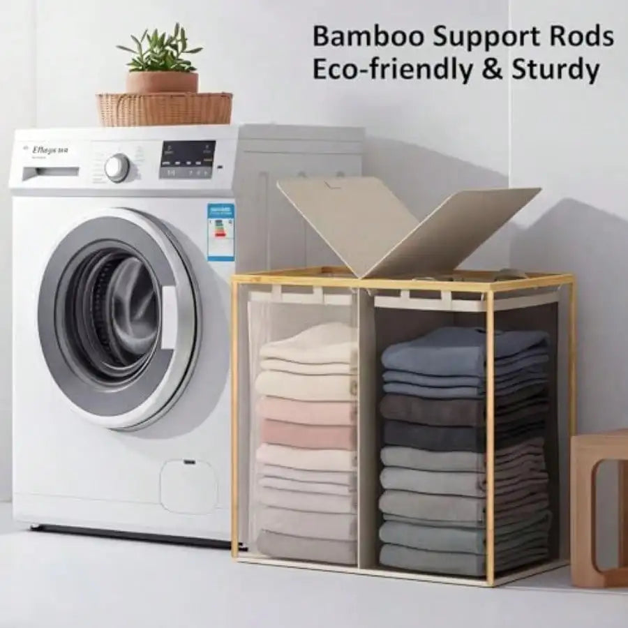 Laundry Hamper With Lid, Double Laundry Basket With 2 Removable Bags, 2 Section Laundry Bin With Bamboo Handles For Bathroom, Bedroom And Laundry Room, 140L (36.9 Gallon) Beige