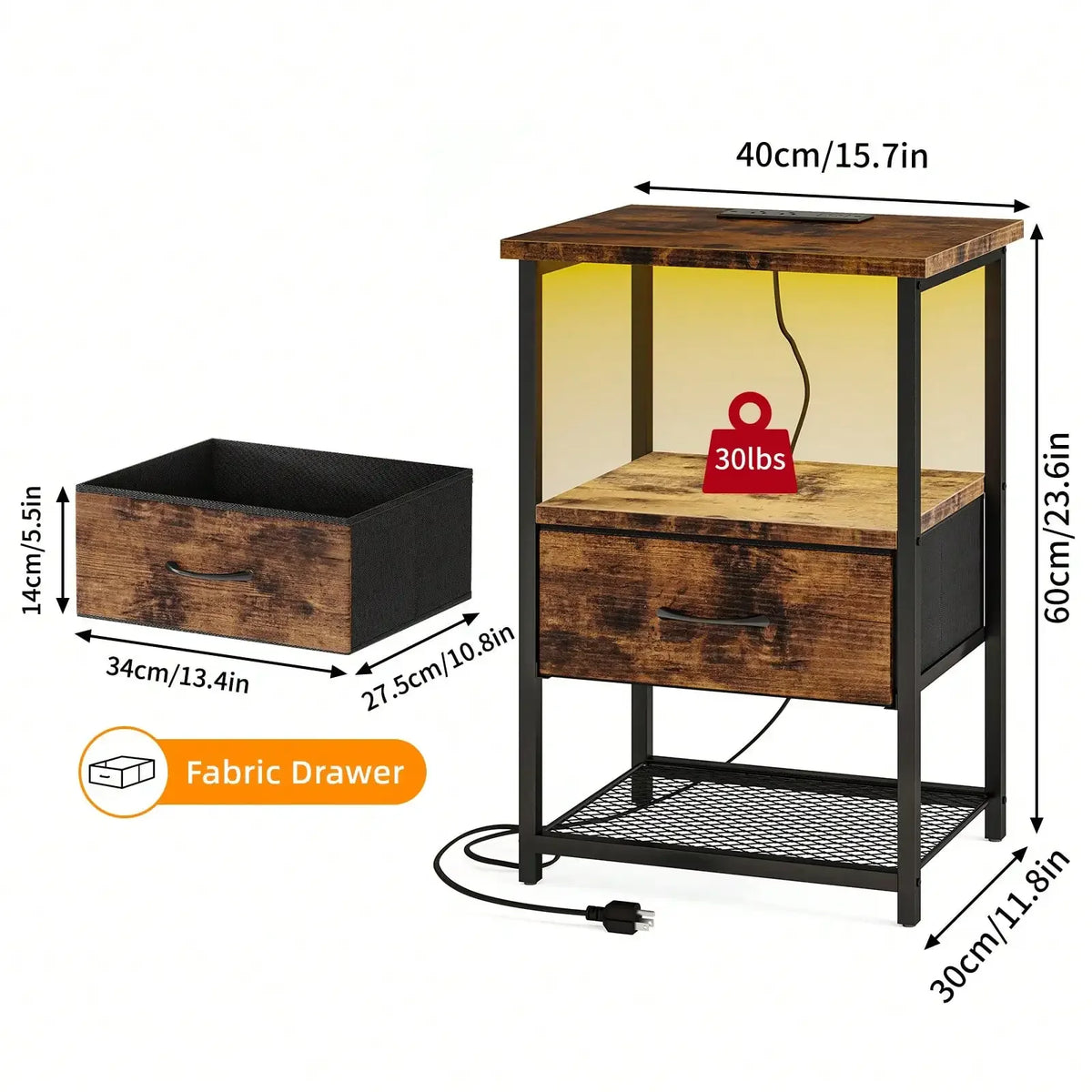 Beside Table With Charging Station, LED Nightstand With Fabric Drawers, End Table With PU Finish, Bedside Table, For Bedroom