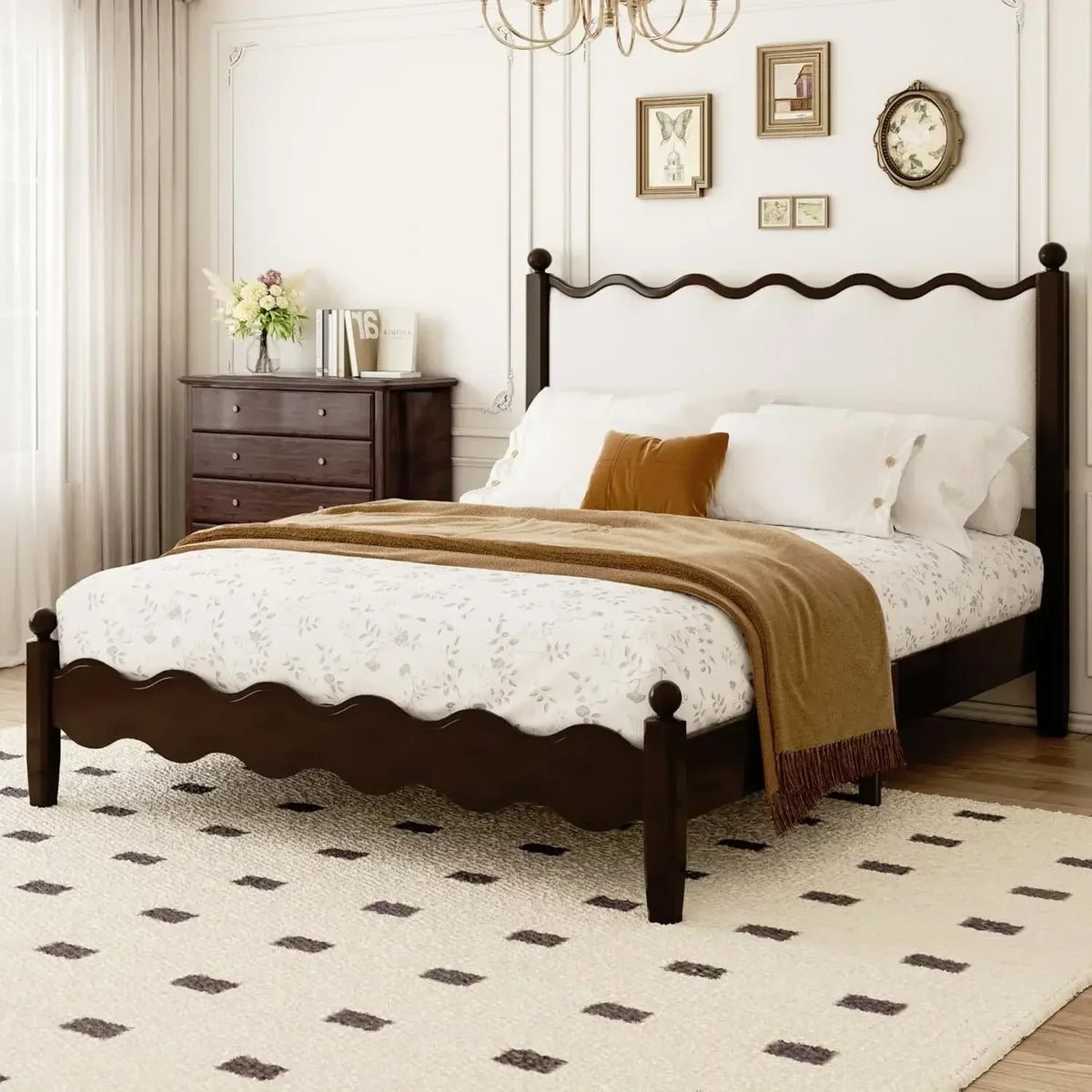 Wood Bed Frame King with Vintage Wave Headboard, 48" Tall Leather Upholstered Bed Frame, Mattress Foundation, No Box Spring Need