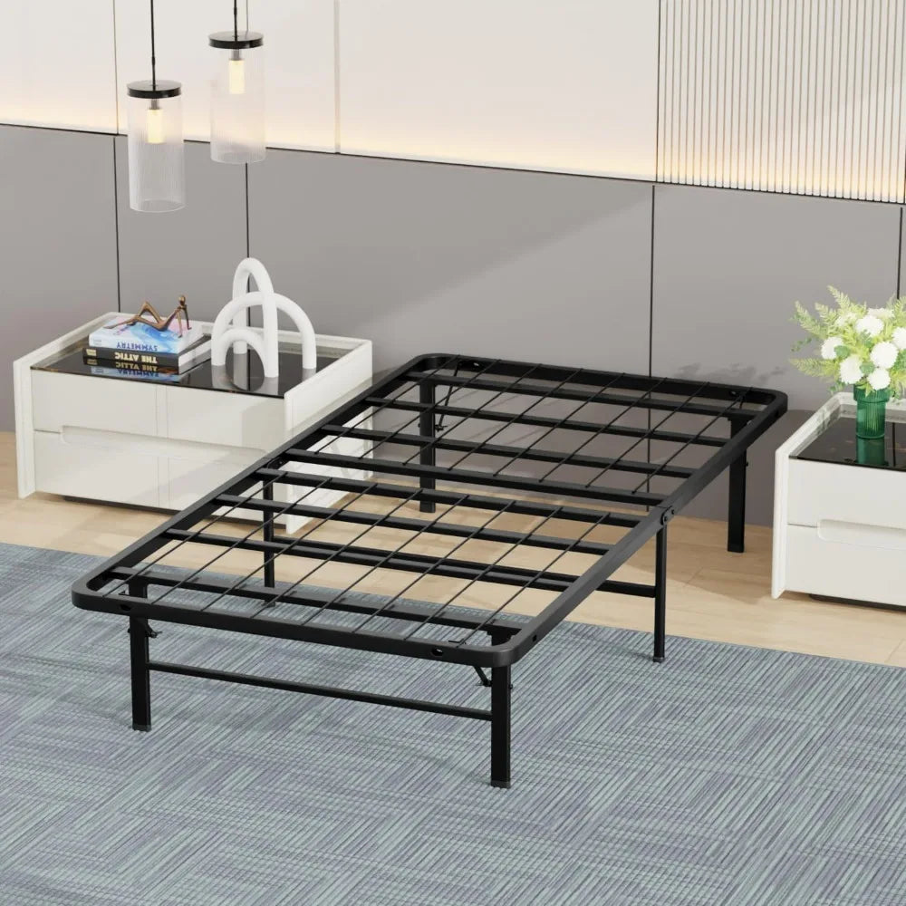 Twin Metal Foldable Bed Frame Heavy Duty Steel Slats 6 Legs No Box Spring Easy Assembly Under-Bed Storage For Home