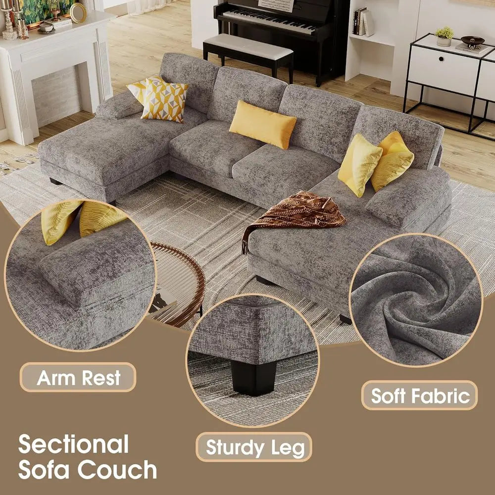 Sectional Couches for Living Room, U-Shaped Sofa Couch with Linen fabric, 4 Seat Sofa Set with Double Chaise