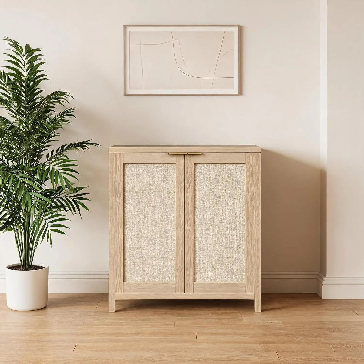 Cabinet Storage with Rattan Doors, Sideboard ,2 Adjustable Shelves, Particle Board Living Room Cabinets Glamour Modern Home Entryway Furniture