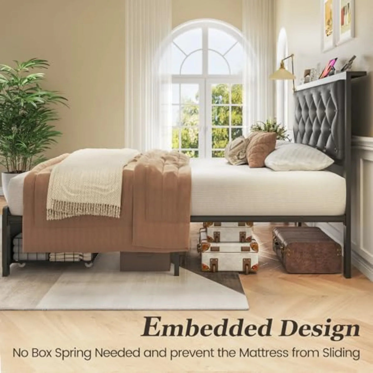 Twin Upholstered Button Tufted Bed Frame with Storage Drawer and Charging Station for Bedroom
