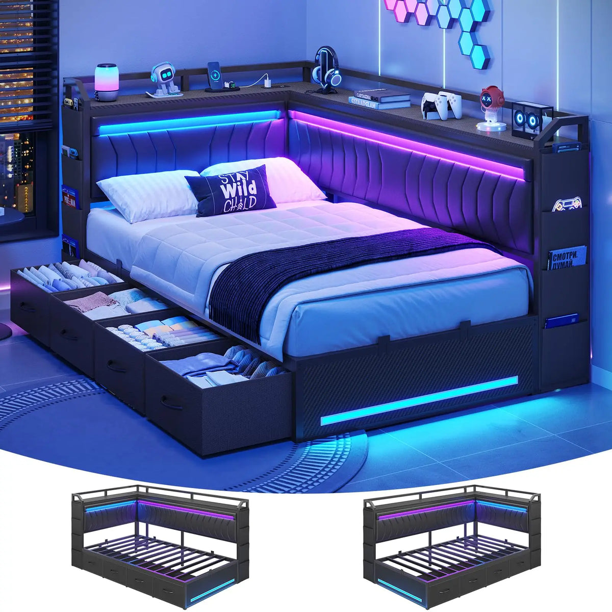 Queen Corner Bed Frame with 4 Storage Drawers,Open Shelves,Charging Station Gaming Bed with LED Lights,Esports-Style Queen