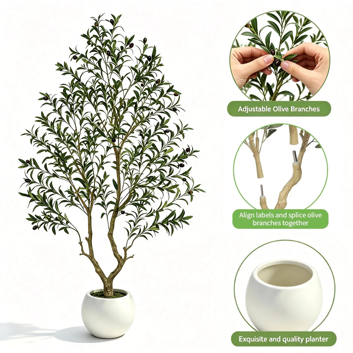 5/6/7/8FT Olive Tree Artificial Indoor Outdoor Faux Olive Tree in Decorative Planter Fluffy Artificial Plants with Natural Wood Trunk and PE Lifelike Fruits for Home Living Room Office Decor