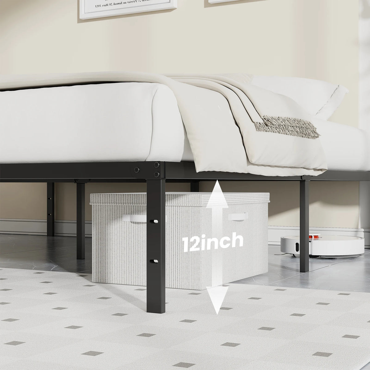 Basic 12IN Twin Full Queen King Size Bed Frame Metal Platform Bedroom Frames with Storage Space Sturdy Steel Slat Support
