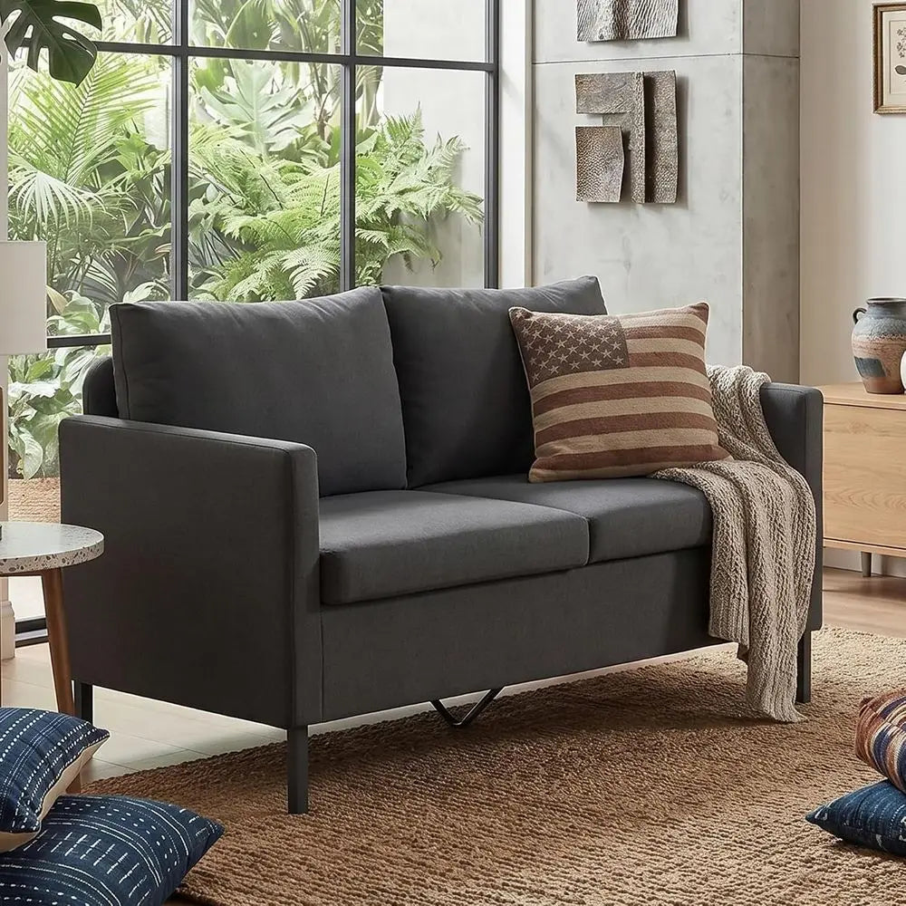 Linen abric ern Small Loveseat Soa Couch or Living Room, 51" W Little Upholstered 2-Seater Mini Love Seats w/Iron Legs or Small