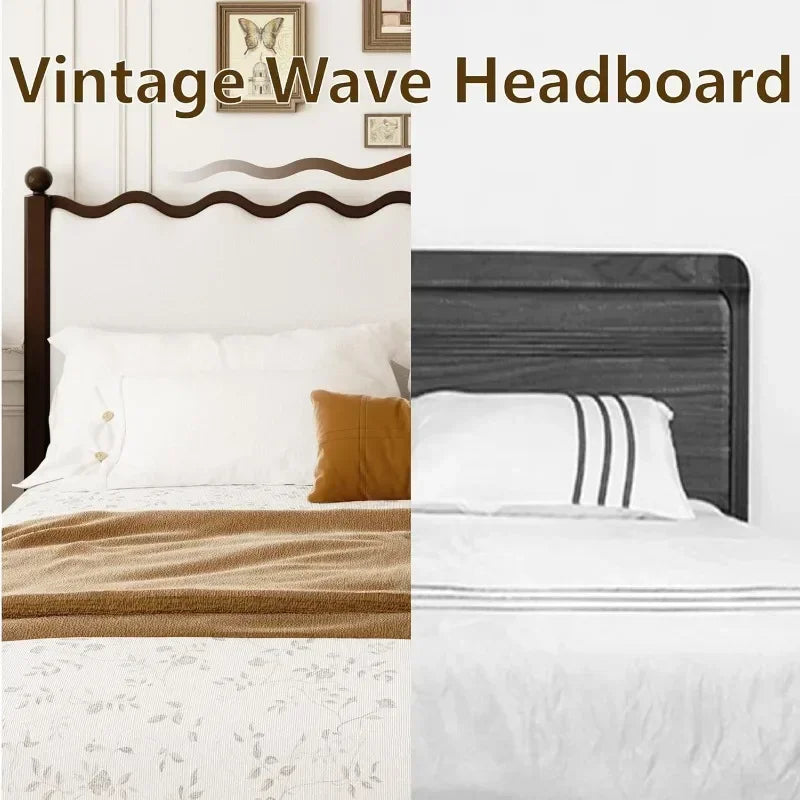 Wood Bed Frame King with Vintage Wave Headboard, 48" Tall Leather Upholstered Bed Frame, Mattress Foundation, No Box Spring Need