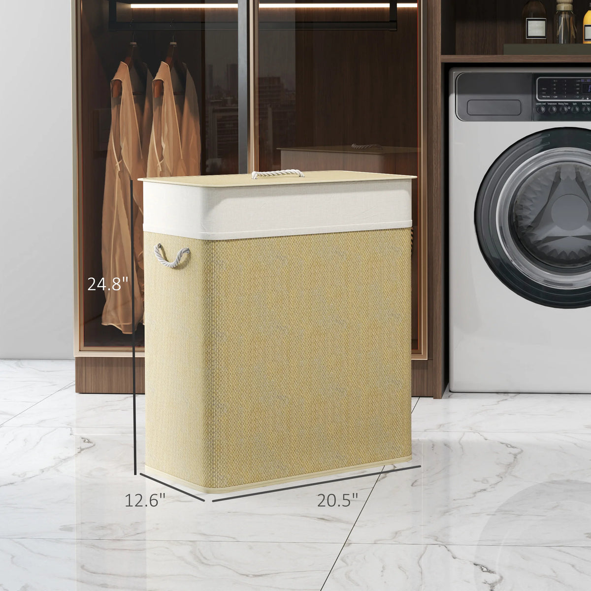 Double Laundry Basket with Lid, 26.4 Gallon Bamboo Laundry Hamper with Rope Handles, Clothes Hamper with Removable Liner for Bathroom, Bedroom, Natural