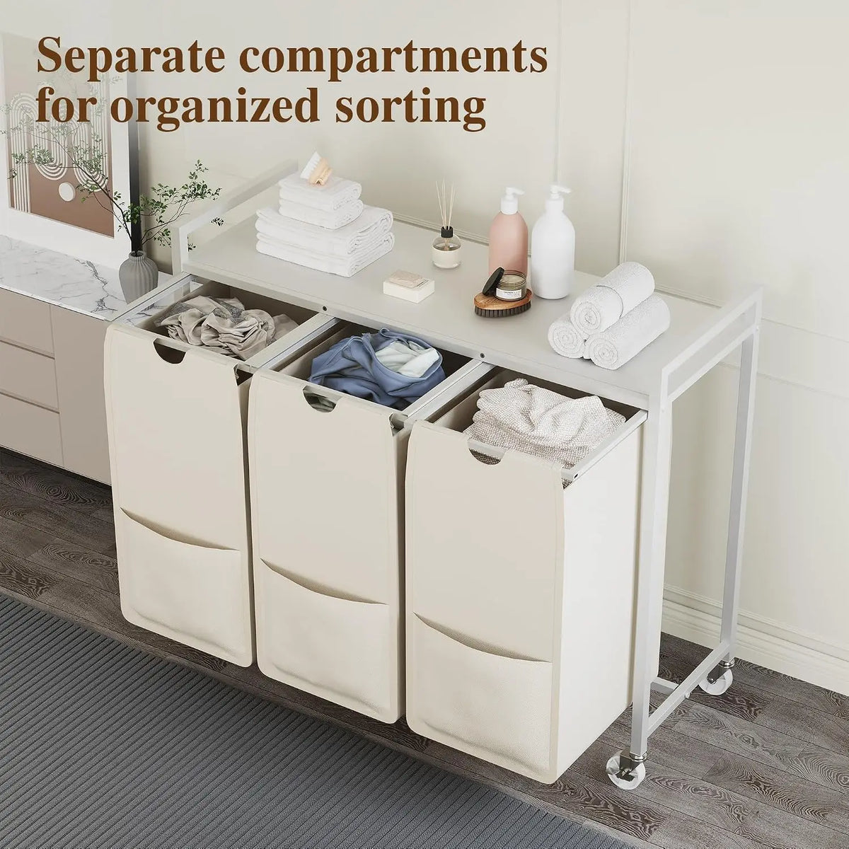 Laundry Sorter 3 Section, Laundry Hamper with Wheels, 120L Laundry Basket with Shelf, Removable Bags, Pockets, for Laundry Room, Bathroom & Bedroom