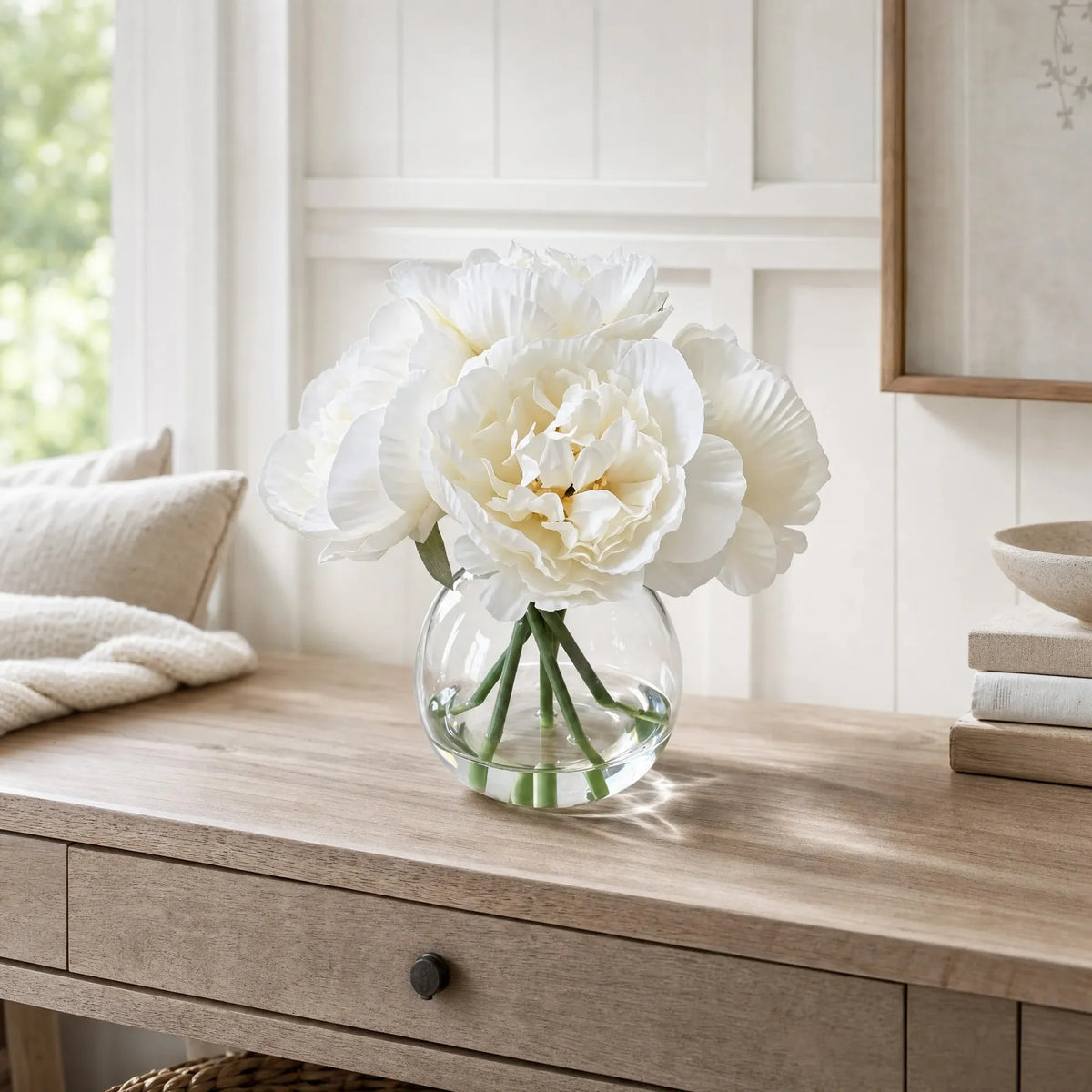 Realistic Artificial Peony Bouquet In Clear Glass Vase Faux Flowers For Home Decor Wedding Centerpieces And Table Decoration