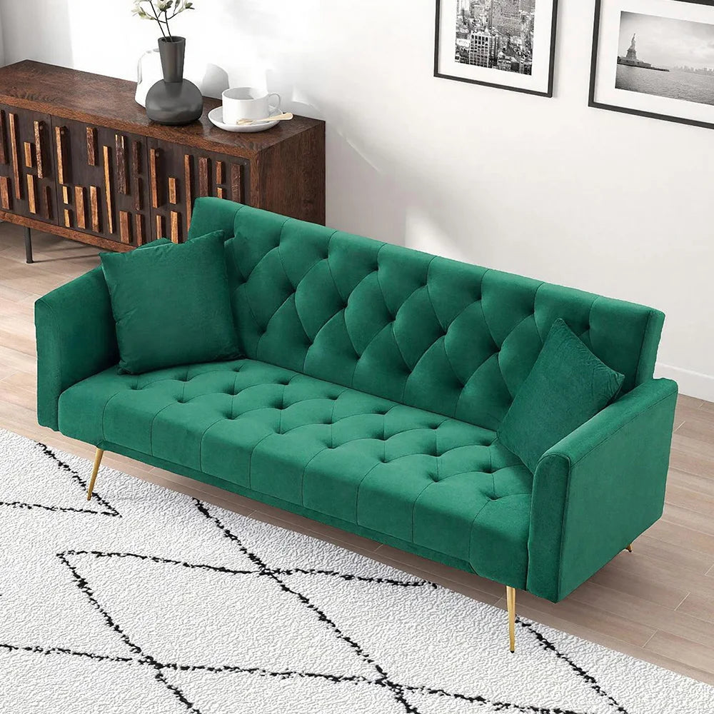Velvet Convertible Futon Sofa Bed 71" 3-Seater Tufted Sleeper Couch with Gold Metal Legs 3 Position Adjustable Backrest Folding Reclining Sofa with 2 Throw Pillows for Living Room Apartment Small Spaces