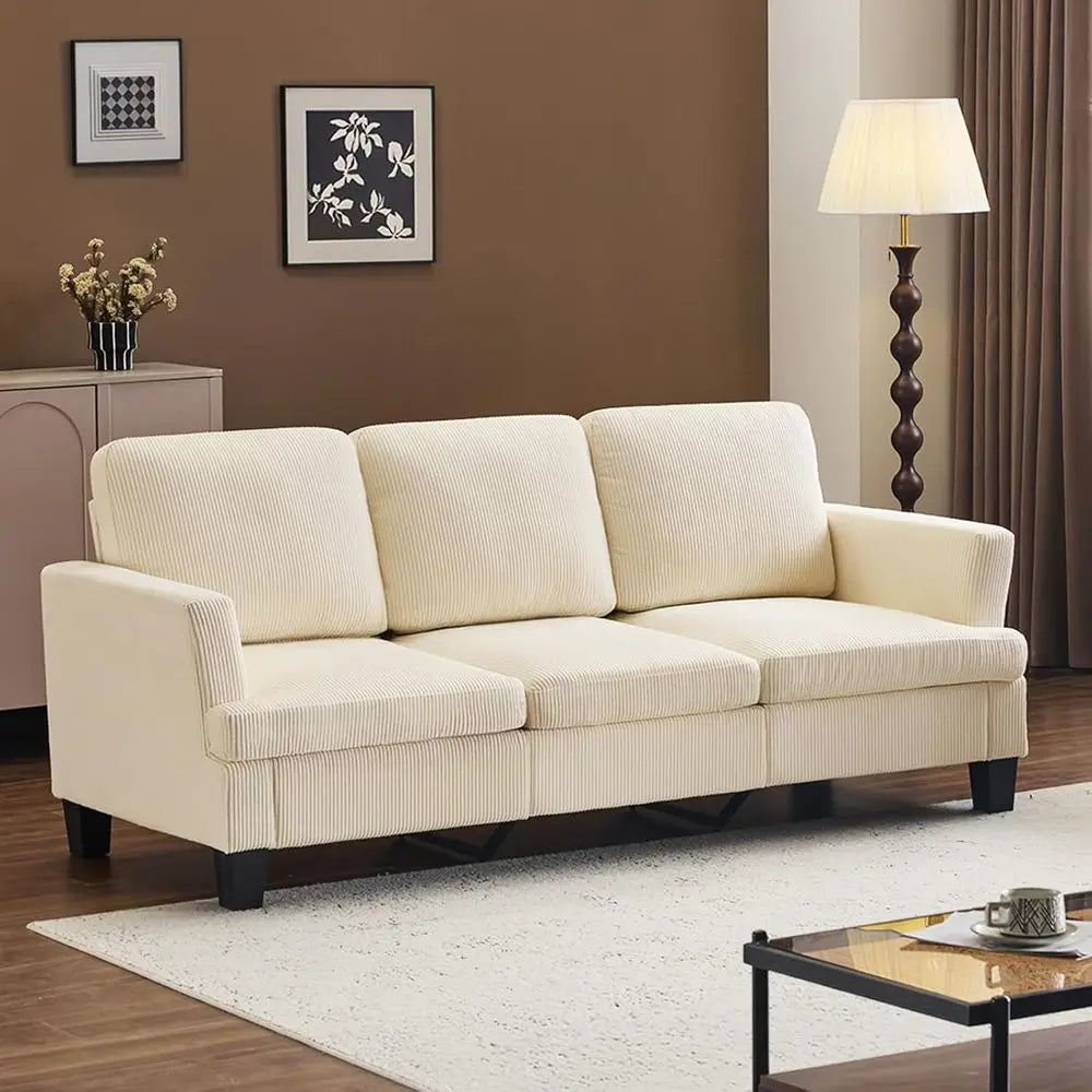 Beige 83" Sofa Couches or Living Room, Corduroy ern Comfy 3 Seater Couch 25.6" Deep Seat Upholstery Cozy Sofas or Small Space