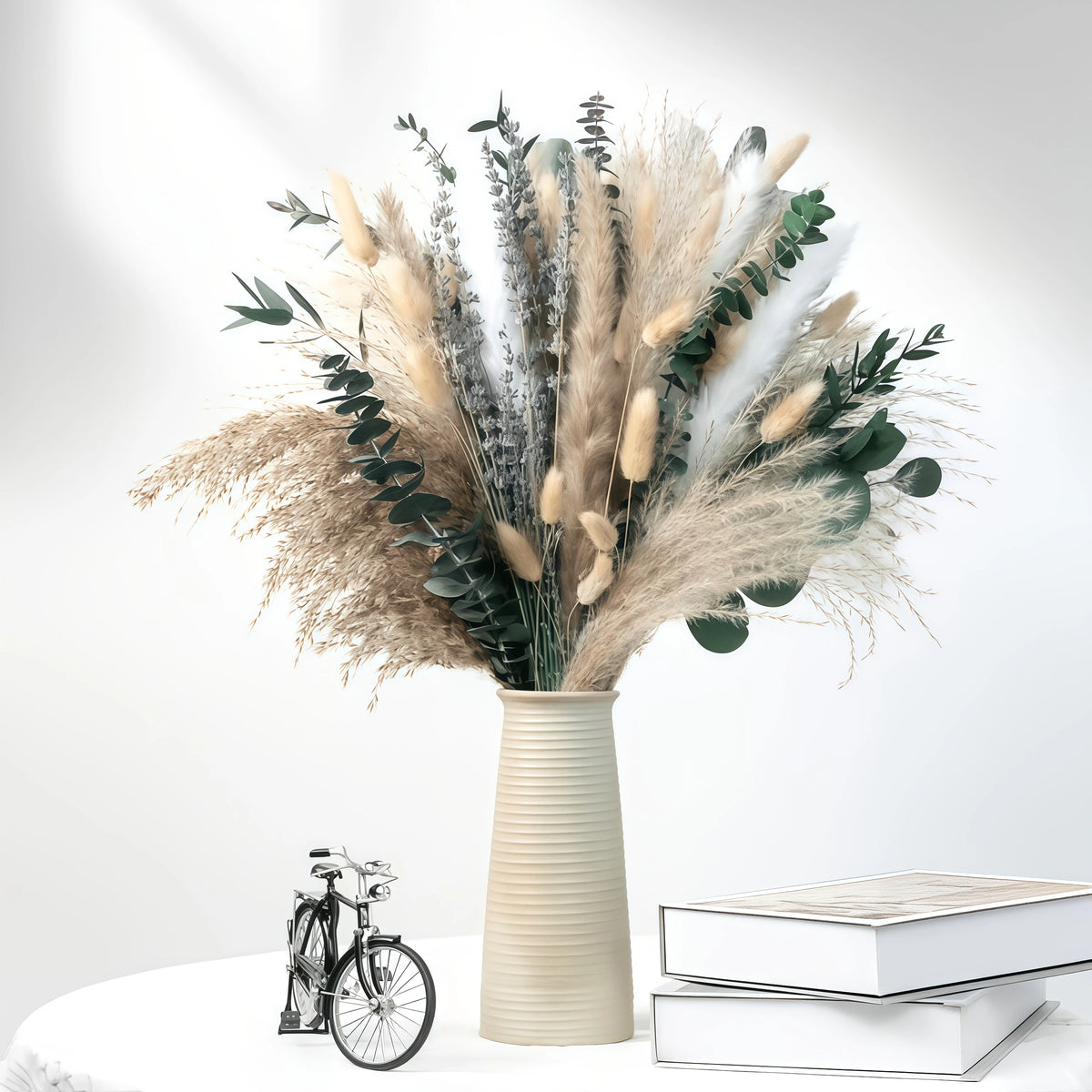 92PCS Pampas Grass Bouquet 17.5in Mixed Dried Flowers Natural Broomcorn Bunny Tails Eucalyptus Craspedia Reed Grass Baby's Breath Boho Wedding Home Decor Farmhouse Table Centerpiece Vase Filler Rustic Fall Vase Not Included